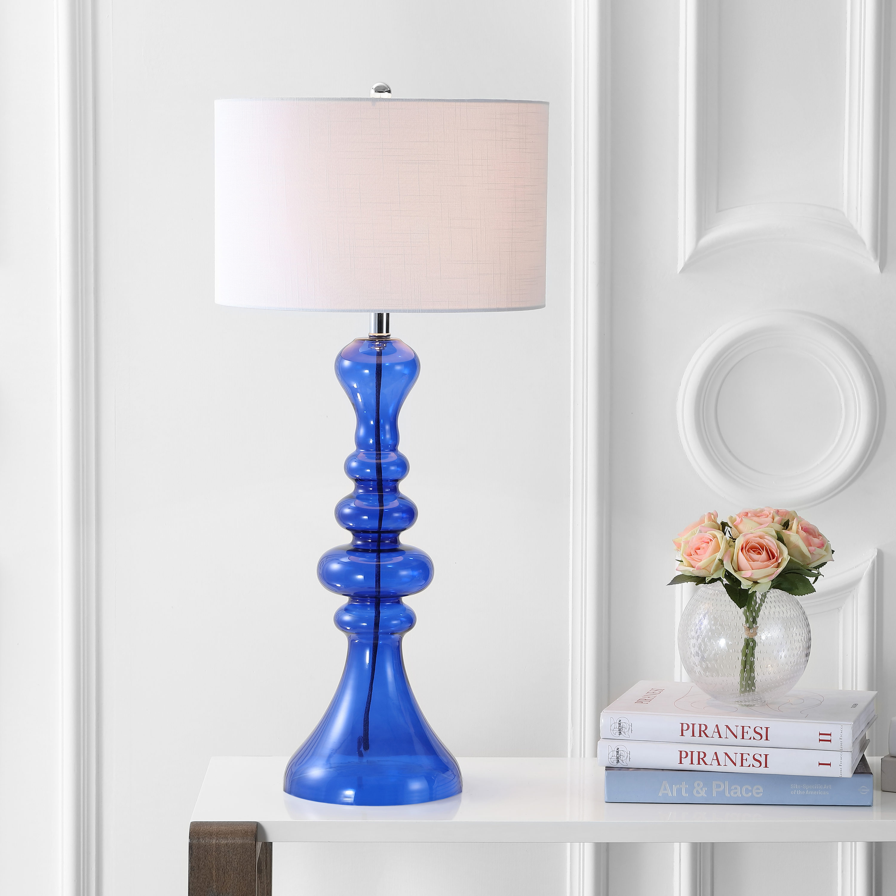 JONATHAN  Y JYL4012D Madeline Curved Glass Transitional 35-in Cobalt Blue LED Incandescent Rotary socket Table Lamp with Linen Shade