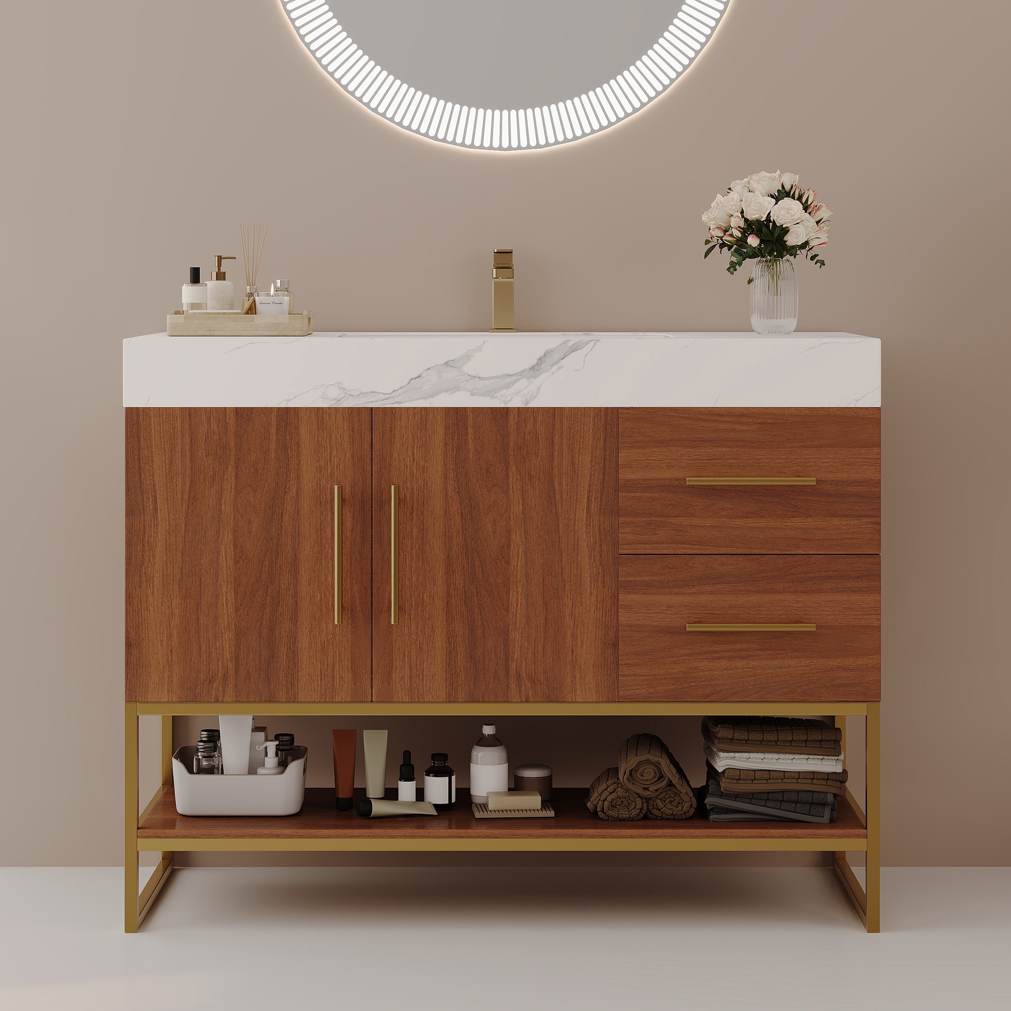Vynxaria 36-in Gold Single Sink Bathroom Vanity with Sintered Stone Top