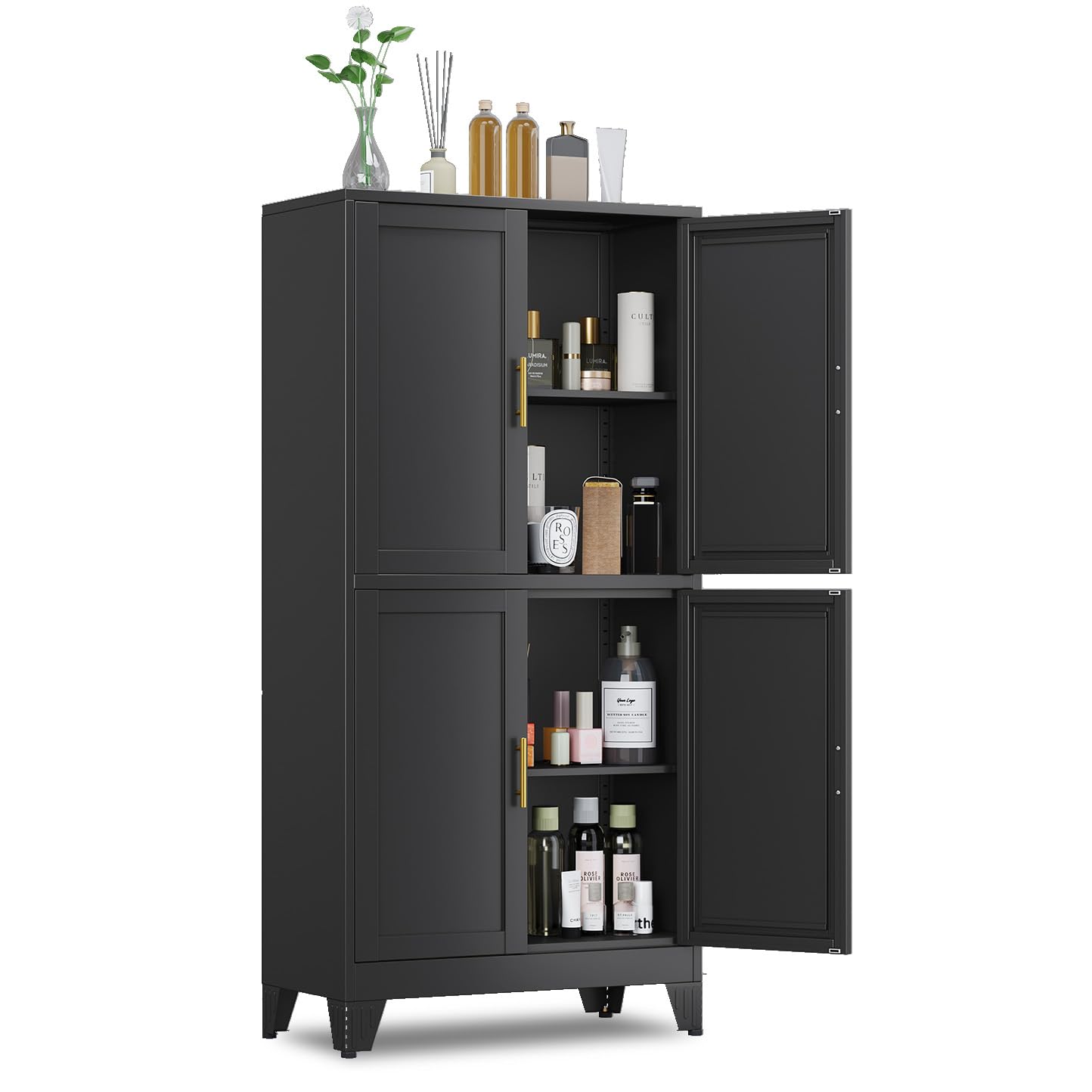 GAIOUS 47.25 in Freestanding Metal Storage Cabinet with 4 Doors and 2 Adjustable Shelves for Kitchen Pantry Bathroom Dining Room Black