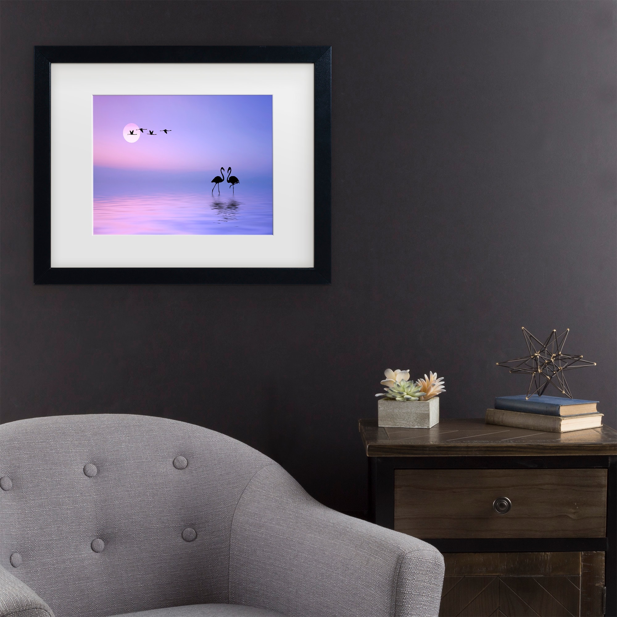 Flying Flamingo Purple Sunset Canvas Print with Black Wood Frame