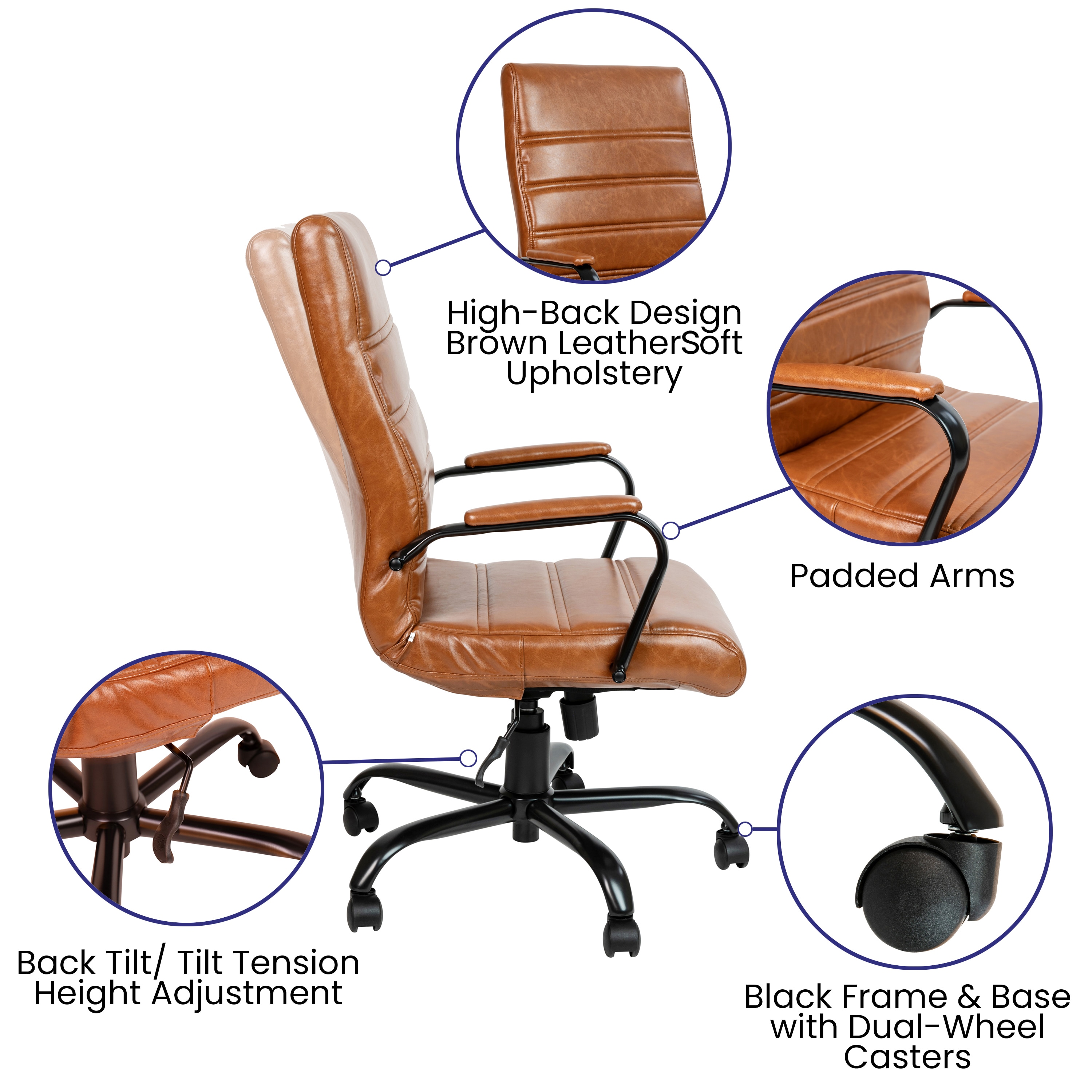 Brown LeatherSoft High-Back Executive Swivel Office Chair with Metal Frame