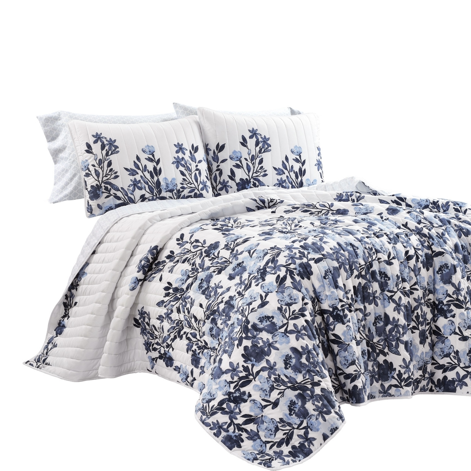 Navy and White Floral Reversible King Microfiber Quilt Set