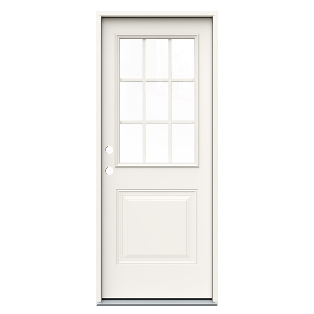 JELD-WEN JWPRO239200200 32-in x 80-in x 4-9/16-in Steel Half lite Right-hand inswing Primed Prehung Front Door Insulating core with Grilles