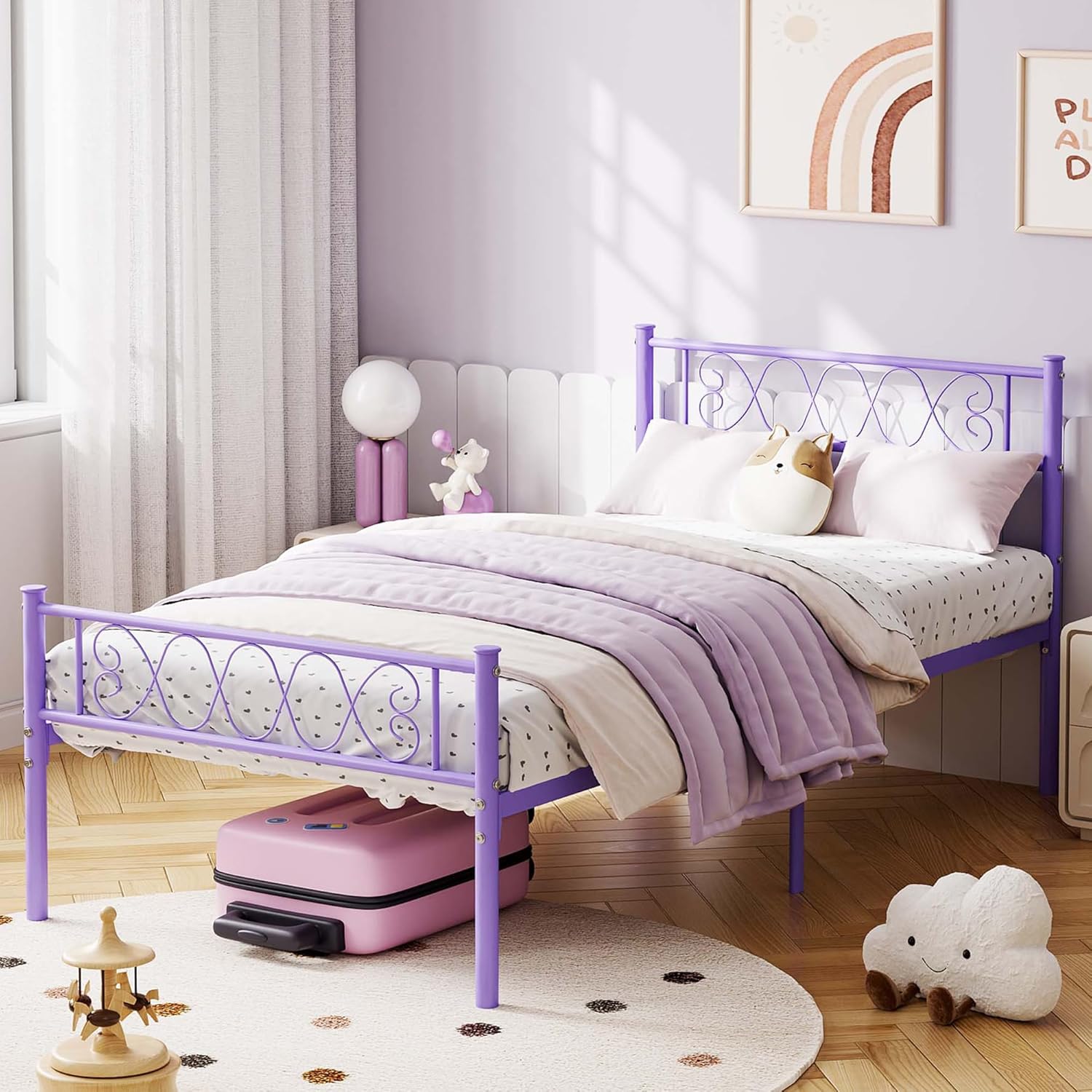 Qeetex WWJ-PHO-0Z6JCHWF Metal Twin Bed Frame with Headboard and Footboard Featuring Iron Heart Design
