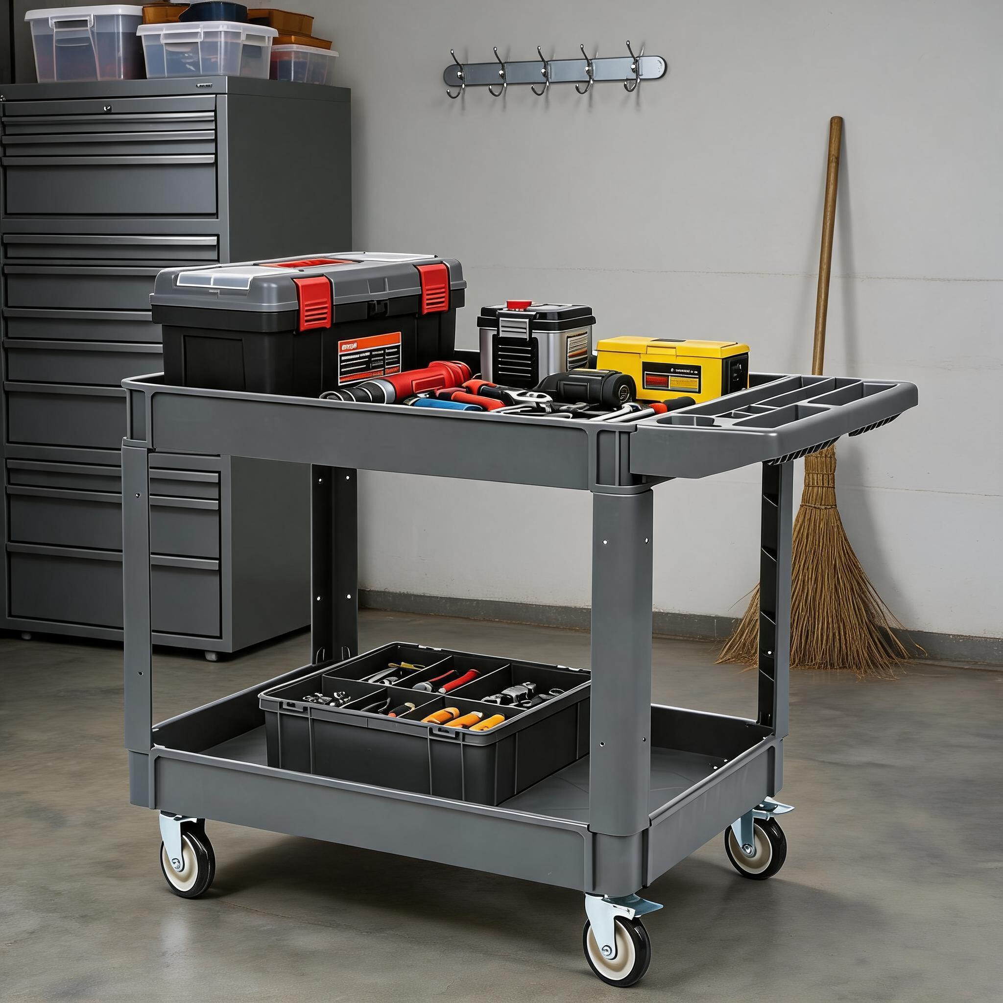 DEXSO 2 Shelf Heavy Duty PP Service Rolling Utility Cart 550 LBS Capacity with 360 Swivel Wheels 2 with Brakes Gray #NOVA-78BJL35F2M