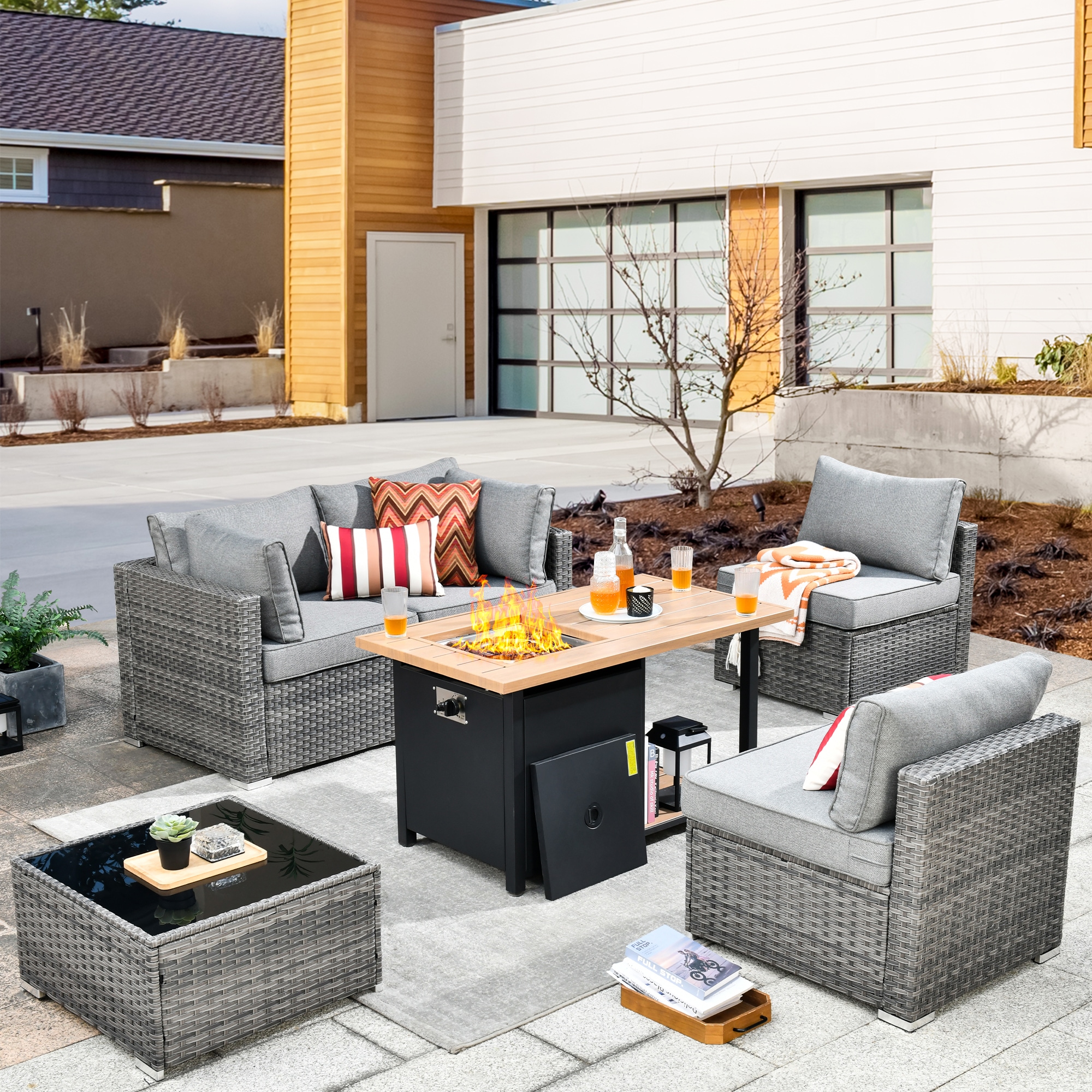 XIZZI XIHOPS2053-DFP Sunrise 6 -Piece Rattan Patio Conversation Set with Gray Cushions