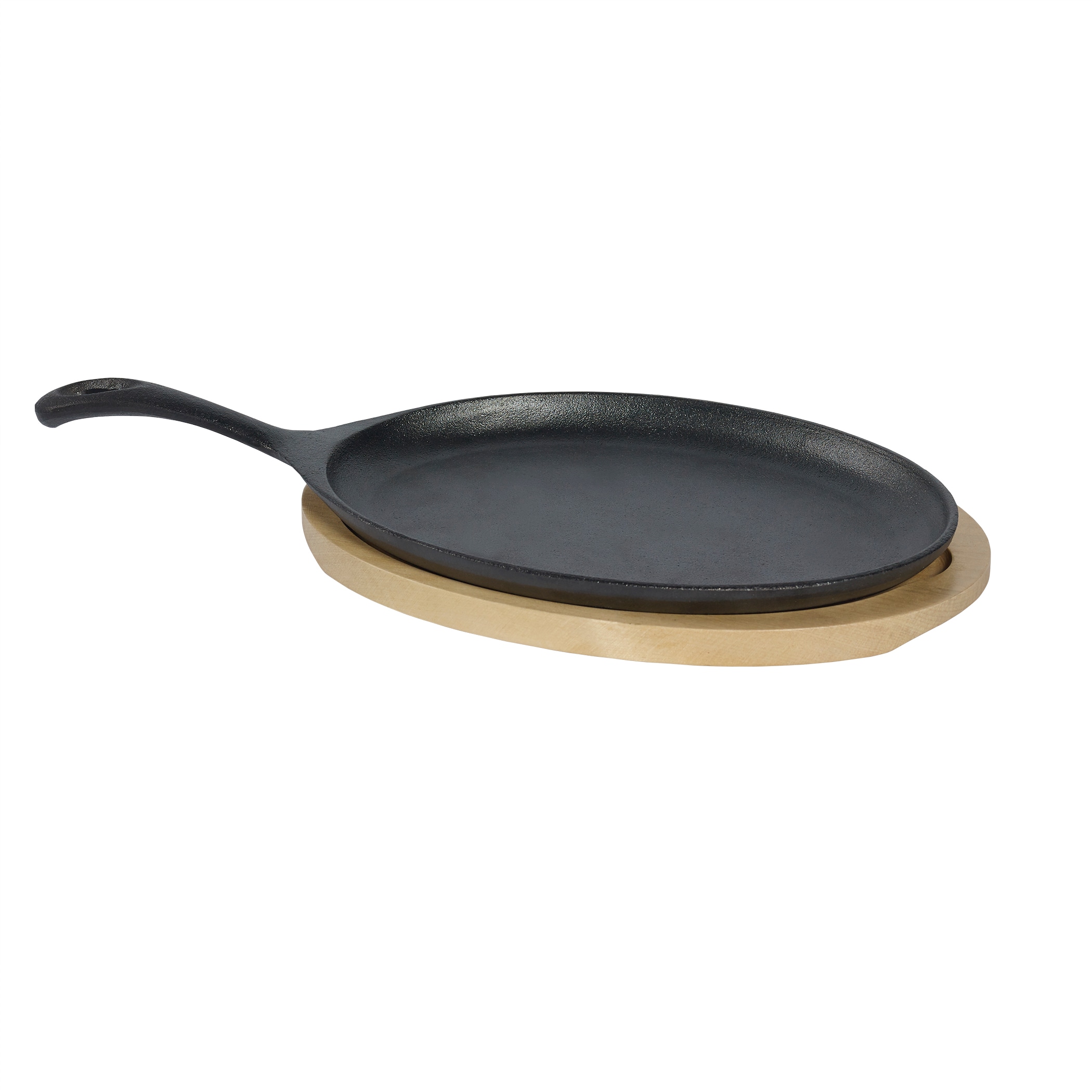 Choice 9 1/4 x 7 Oval Pre-Seasoned Cast Iron Fajita Skillet with Oak  Finish Wood Underliner and Grey Silicone Handle Cover