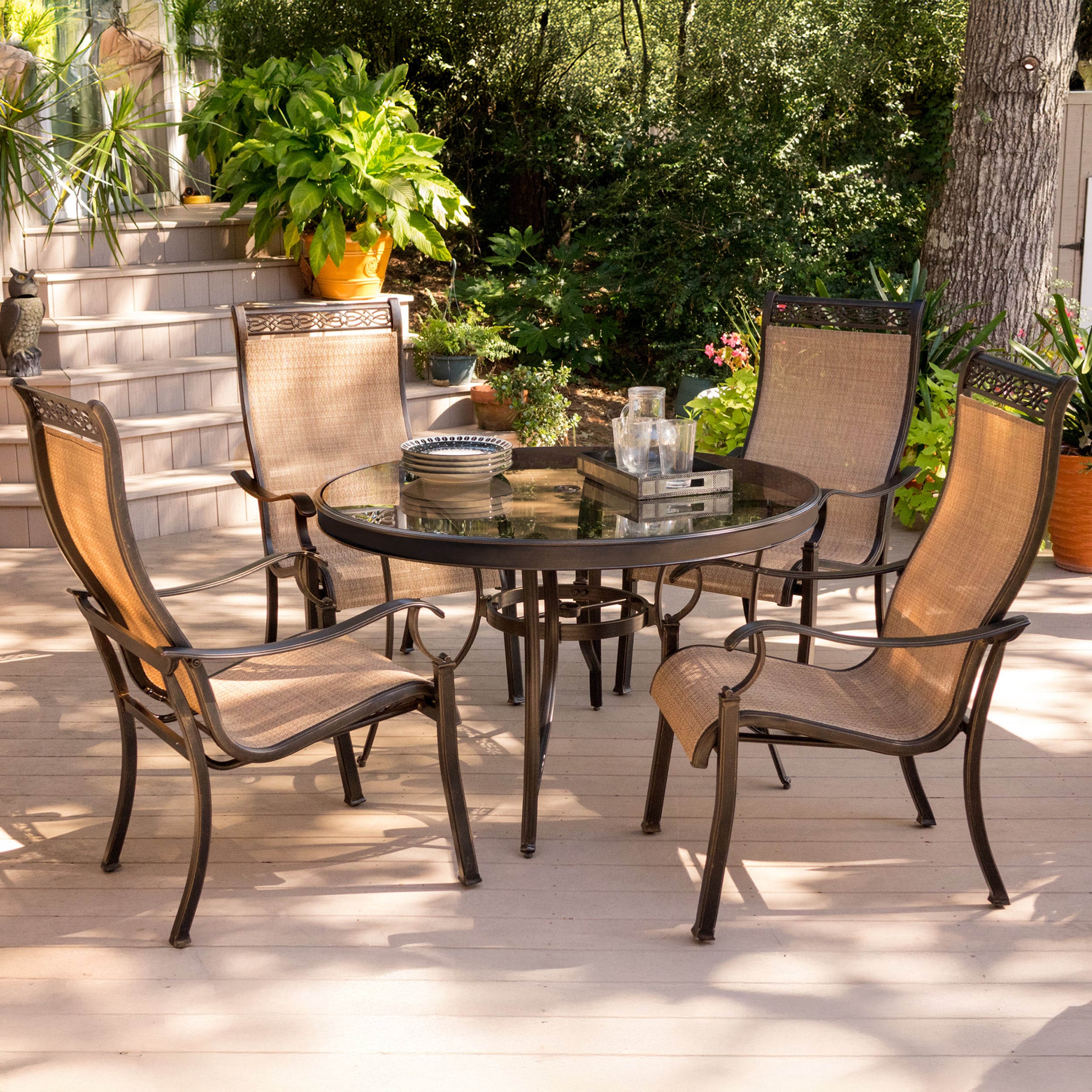 Hanover MONDN5PCG Monaco 5 -Piece Bronze Patio Dining Set Aluminum Round Table with 4 Tan Stationary Chairs