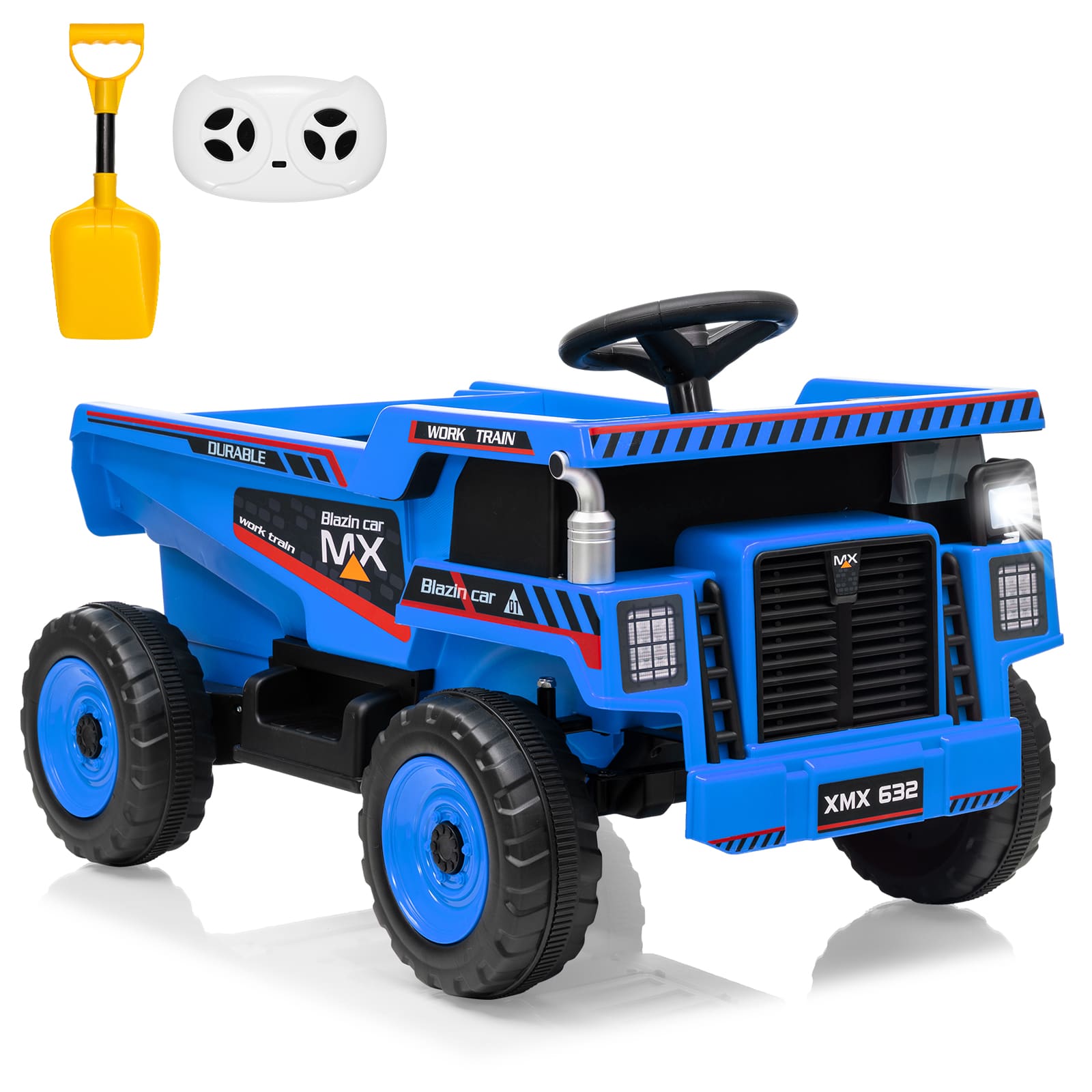 Qeetex SUN-PTG-3353T3WT 12V Ride On Dump Truck with Remote Control Automatic Lift Bed Shovel Music Player for Kids Ages 3–8
