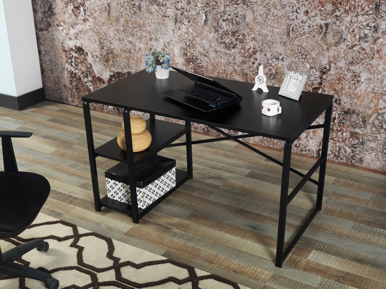 Tatayosi JL-964509 47 Inch Black Wooden Computer Desk with Metal Frame and Shelves
