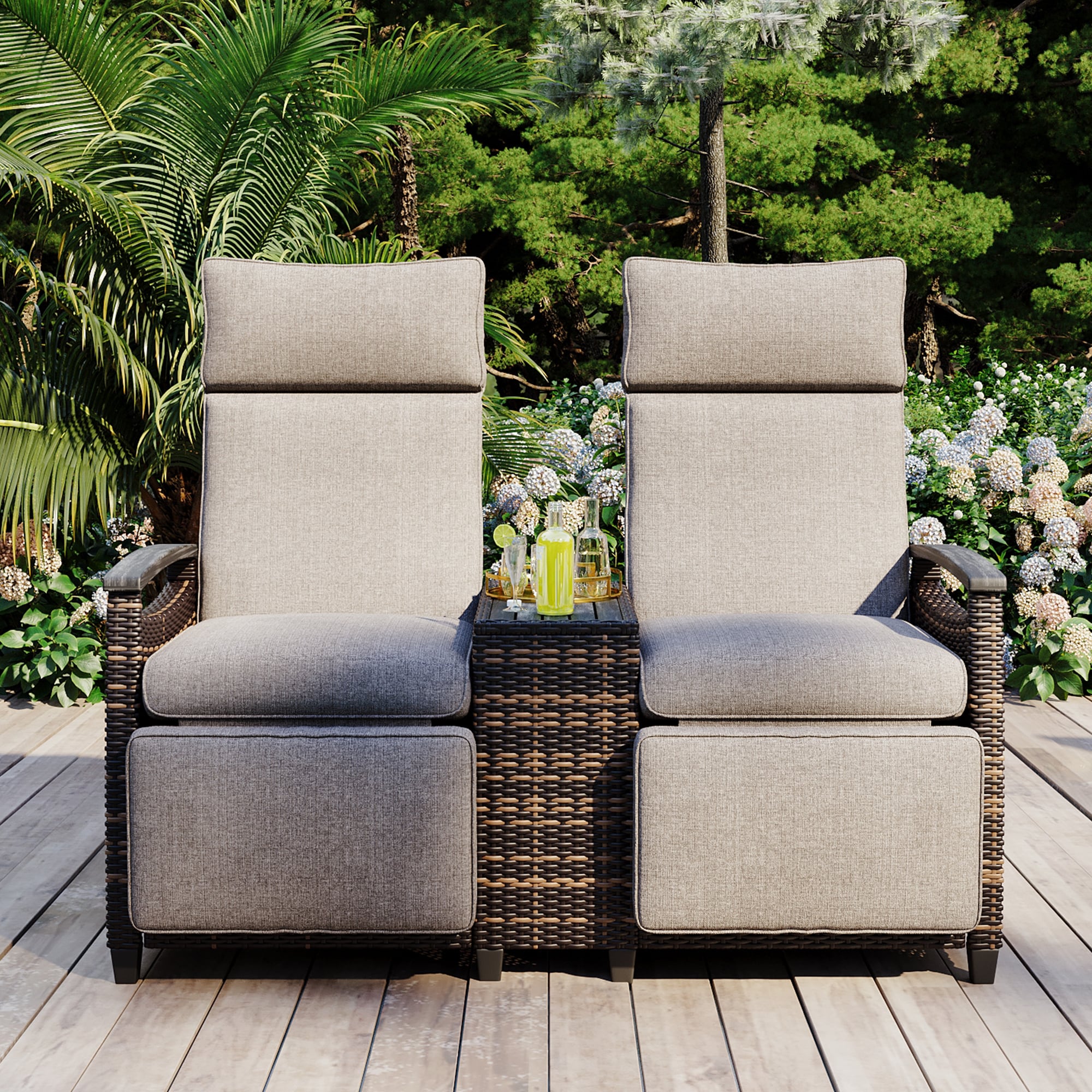BABOOM BOM-0134153-OR Outdoor Lounge Chair Set Wicker Black Metal Frame Stationary Recliner Chair with Brown Cushioned Seat