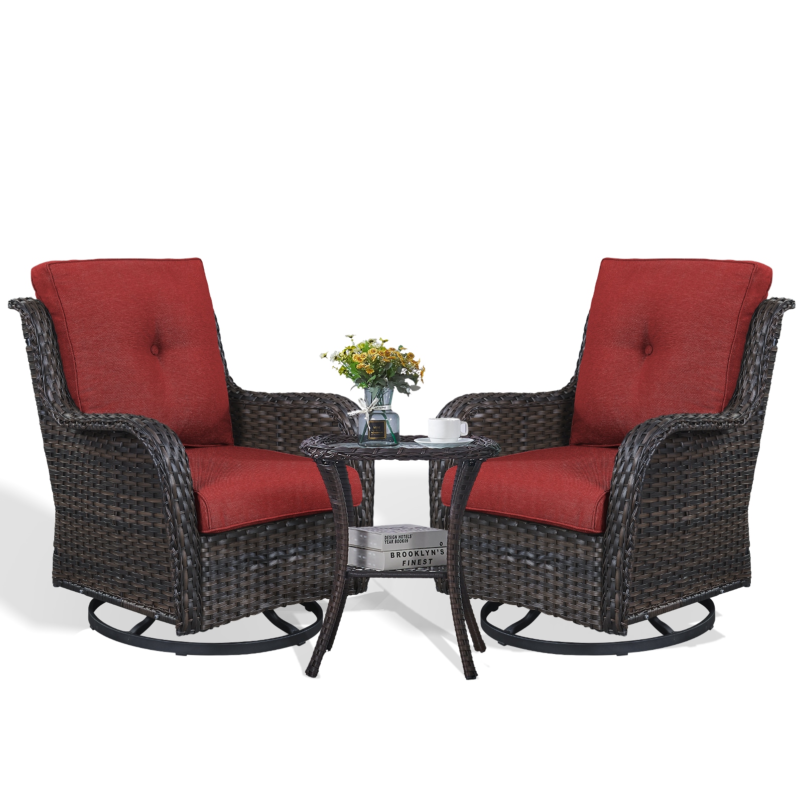 Rilyson FS035-5 Curved handrail Set of 2 Wicker Brown Wicker Frame Swivel glider Conversation Chair with Red Cushioned Seat