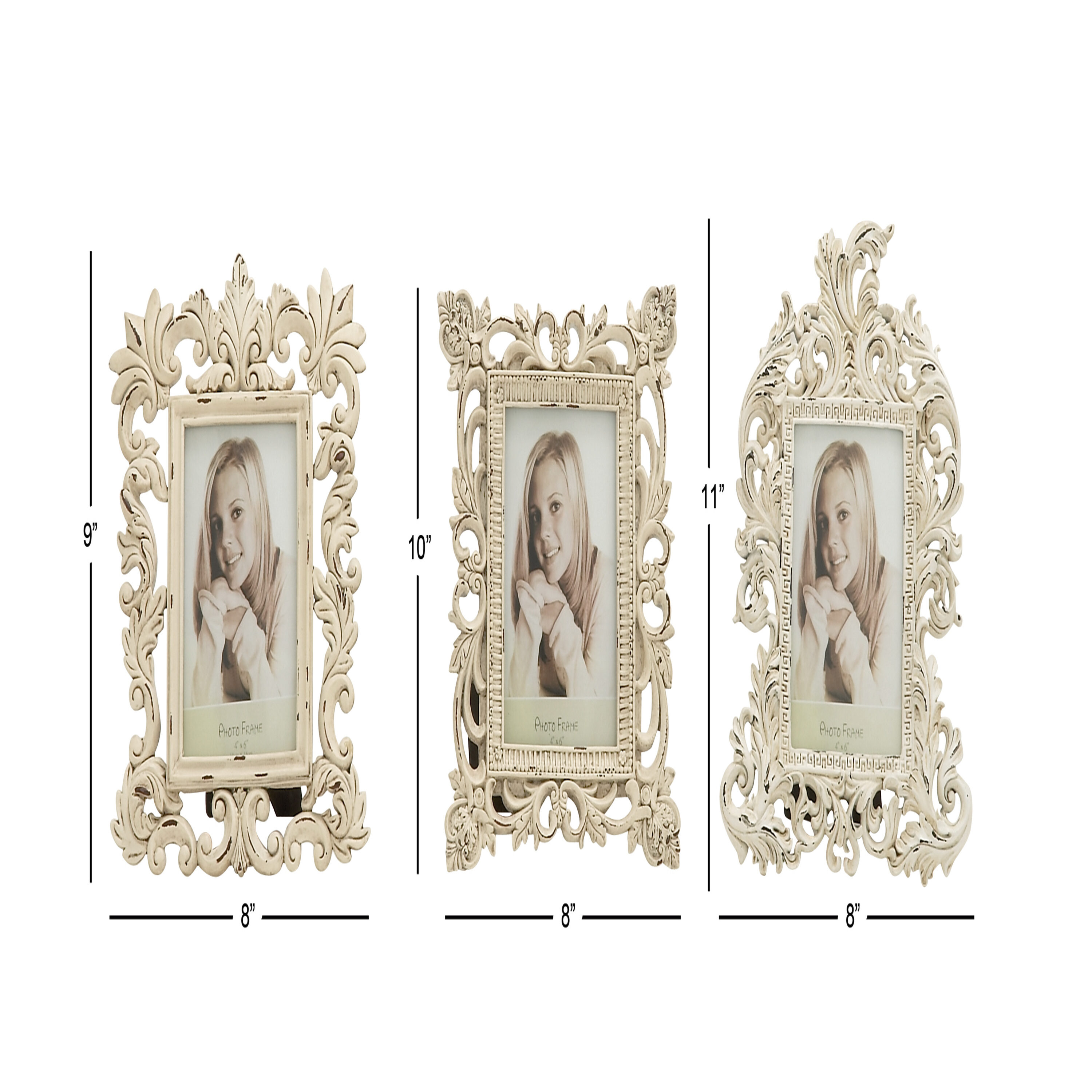 Distressed White Polystone Scrollwork Photo Frames Set of 3