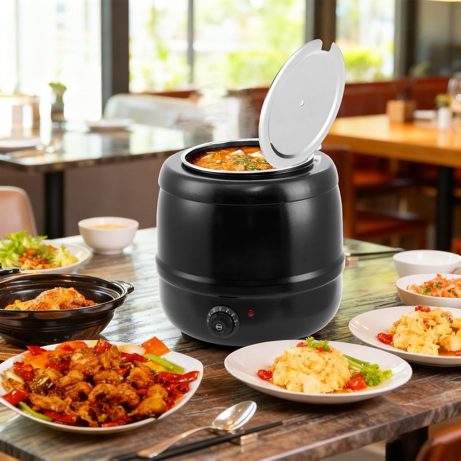 Idealhouse 10.5 Quarts Commercial Soup Kettle Large Capacity Soup Warmer with Stainless Steel Removable Insert Pot Hinged Lid and Stable Base Automatic Food Warmer for Buffet Party Catering Restaurant