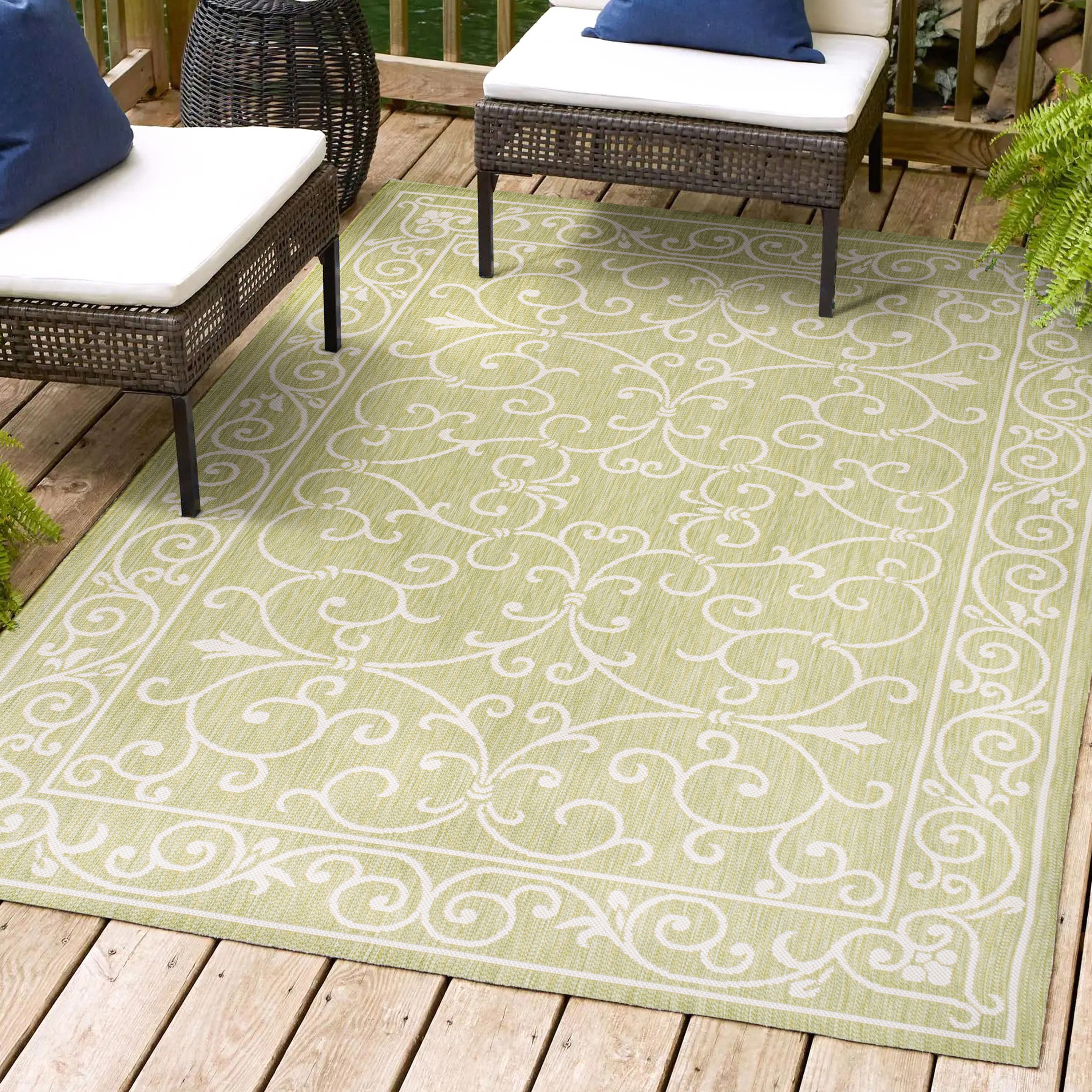 JONATHAN  Y SMB106H-5 Santa Monica Charleston Filigree Textured Weave 5 x 8 (ft) Loomed Polypropylene Green/Cream Rectangular Indoor/Outdoor Border Coastal Area rug