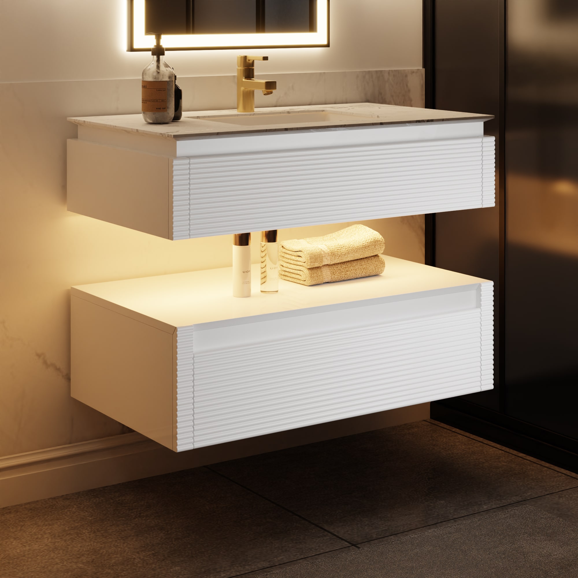 ExBrite SC3620V12WH 36-in White Undermount Single Sink Floating Bathroom Vanity with White Engineered Stone Top