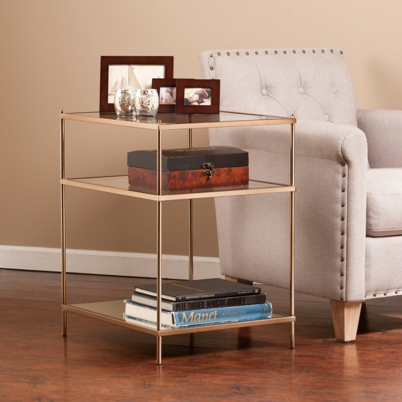 HomeRoots 4000402479 22-in W x 26.75-in H Gold Glass Midcentury End Table with Storage Assembly Required