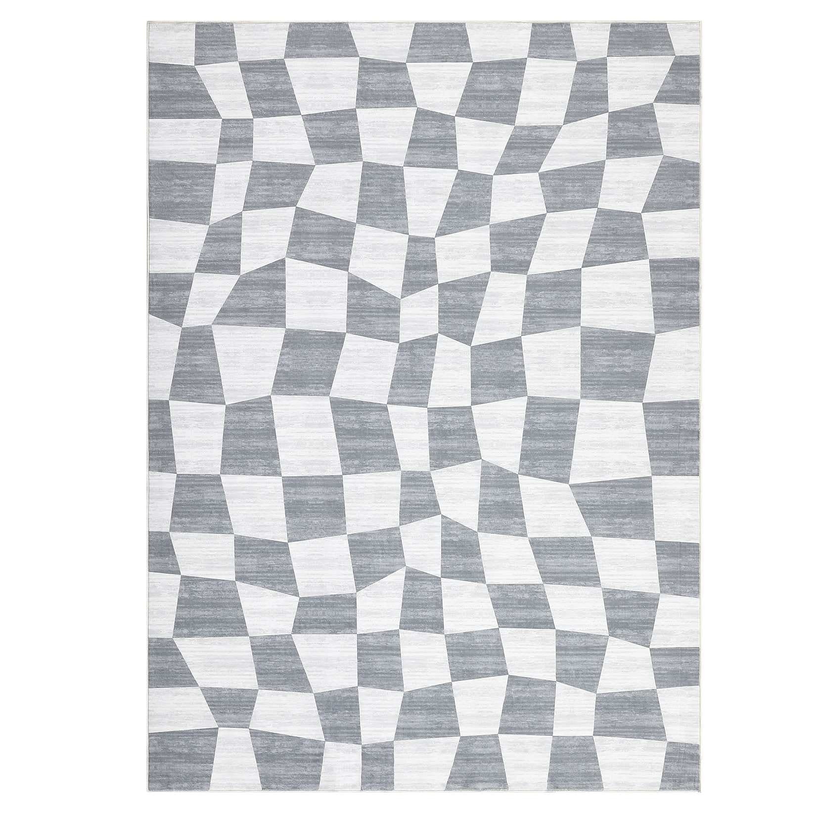 WhizMax SUNNY-PHO-14B2KZ3Y 5 x 7 ft Polyester Grey Rectangular Living Room Bedroom Dining Room Geometric Checkered Modern Machine Washable Area Rug
