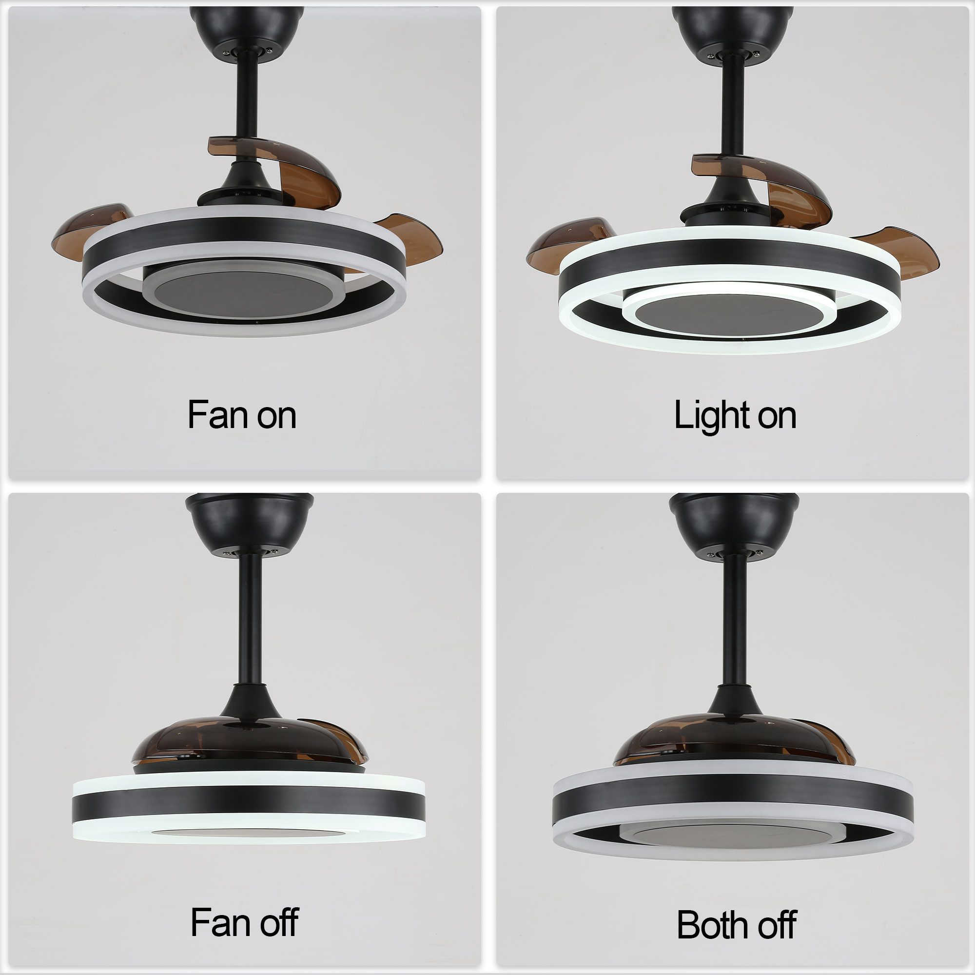 22-Inch Black Modern Ceiling Fan with Clear Blades and LED Light