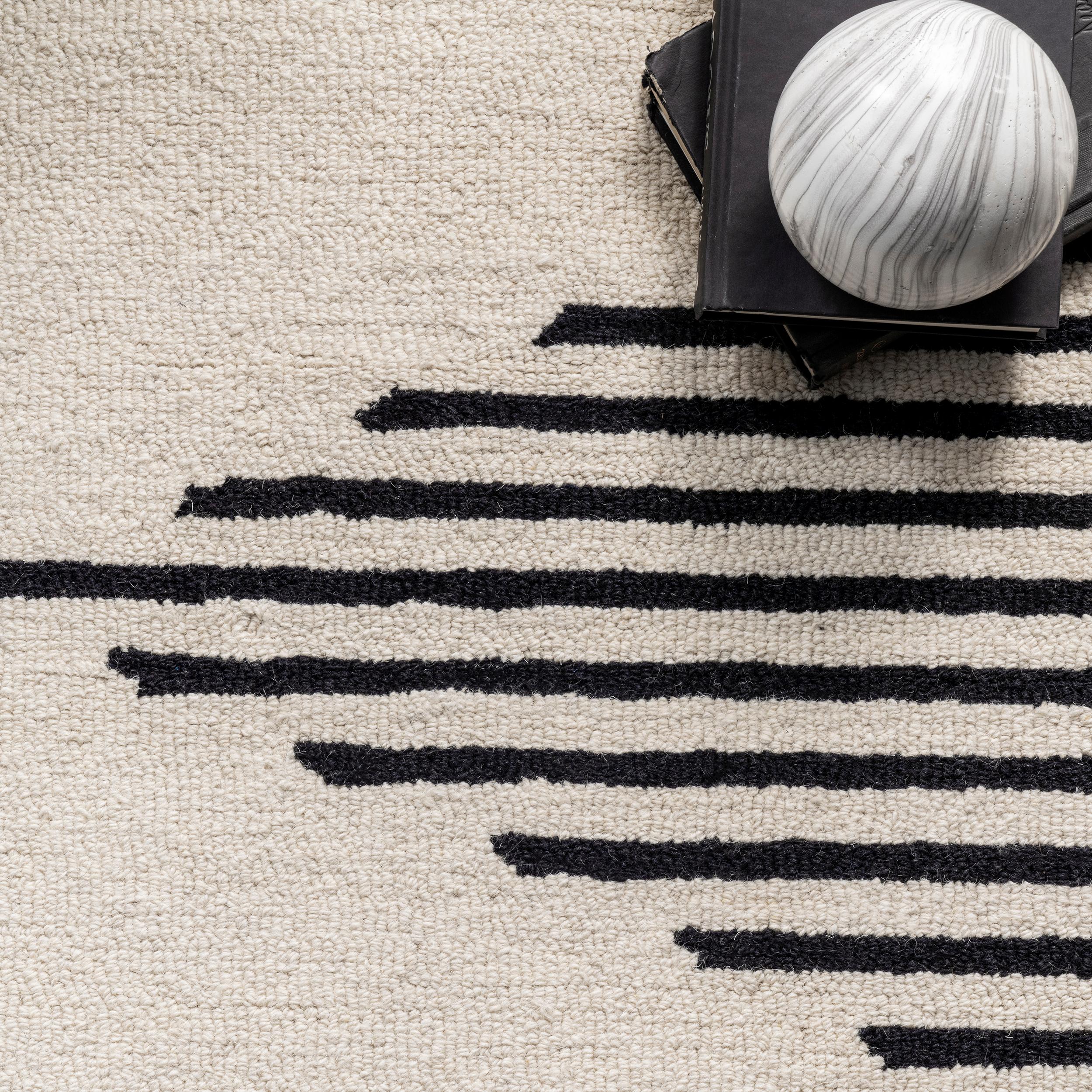 Ivory and Black Handmade Wool Runner Rug, 2' x 8'