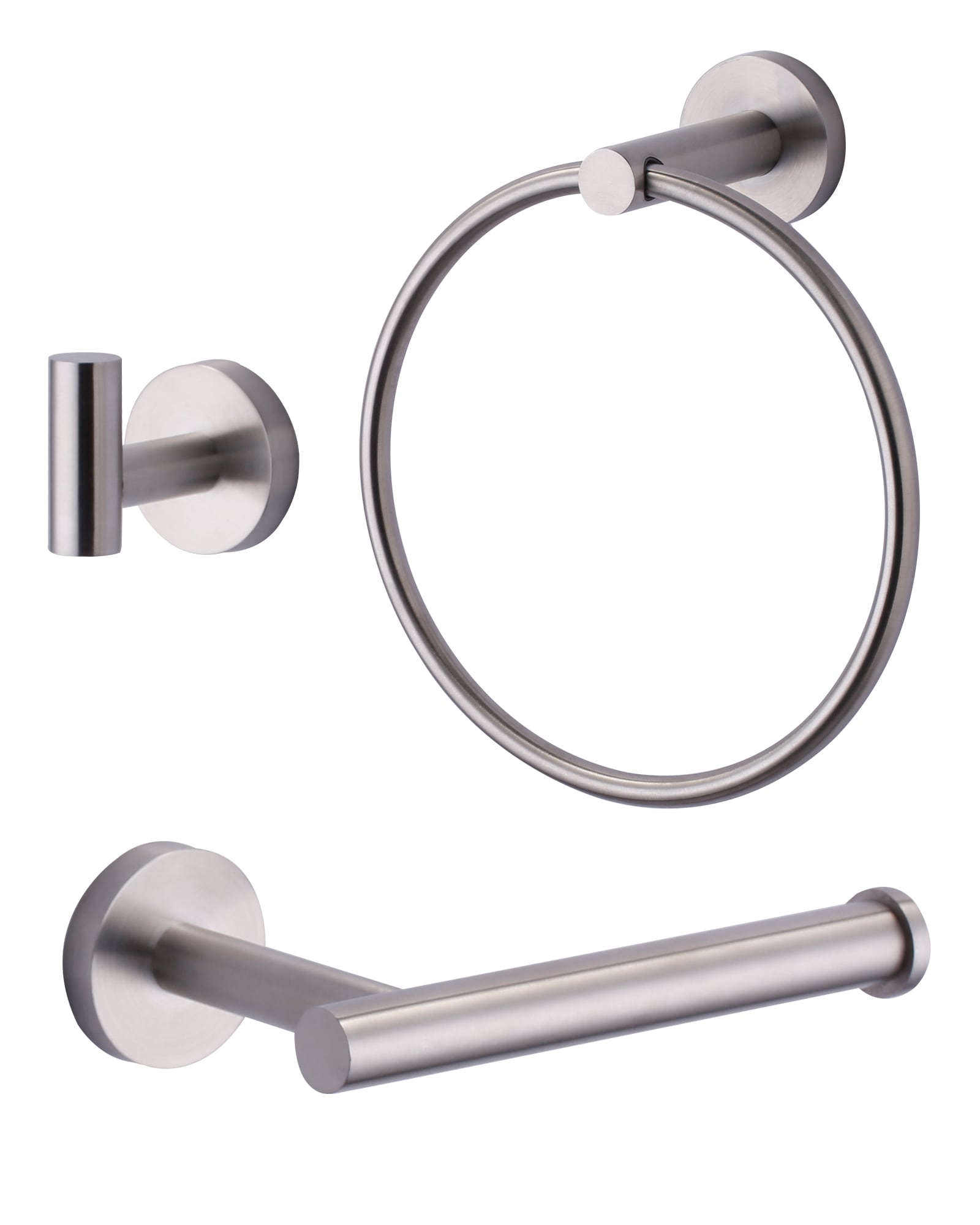 WOWOW 410163 3 -Piece Brushed Nickel Decorative Bathroom Hardware Set Toilet Paper Holder, Towel Ring ,Robe Hook Included