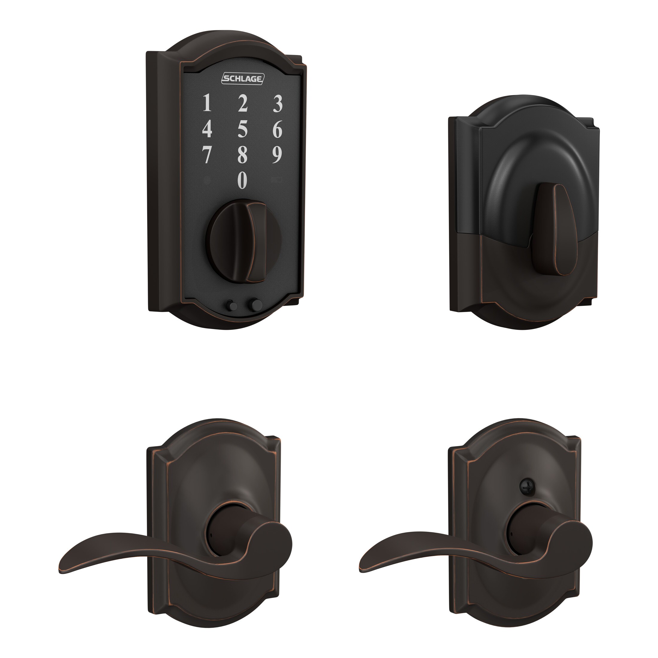 Schlage FBE375 V CAM 716 ACC Touch Camelot Aged Bronze Electronic Deadbolt and Handleset Touchscreen Keypad