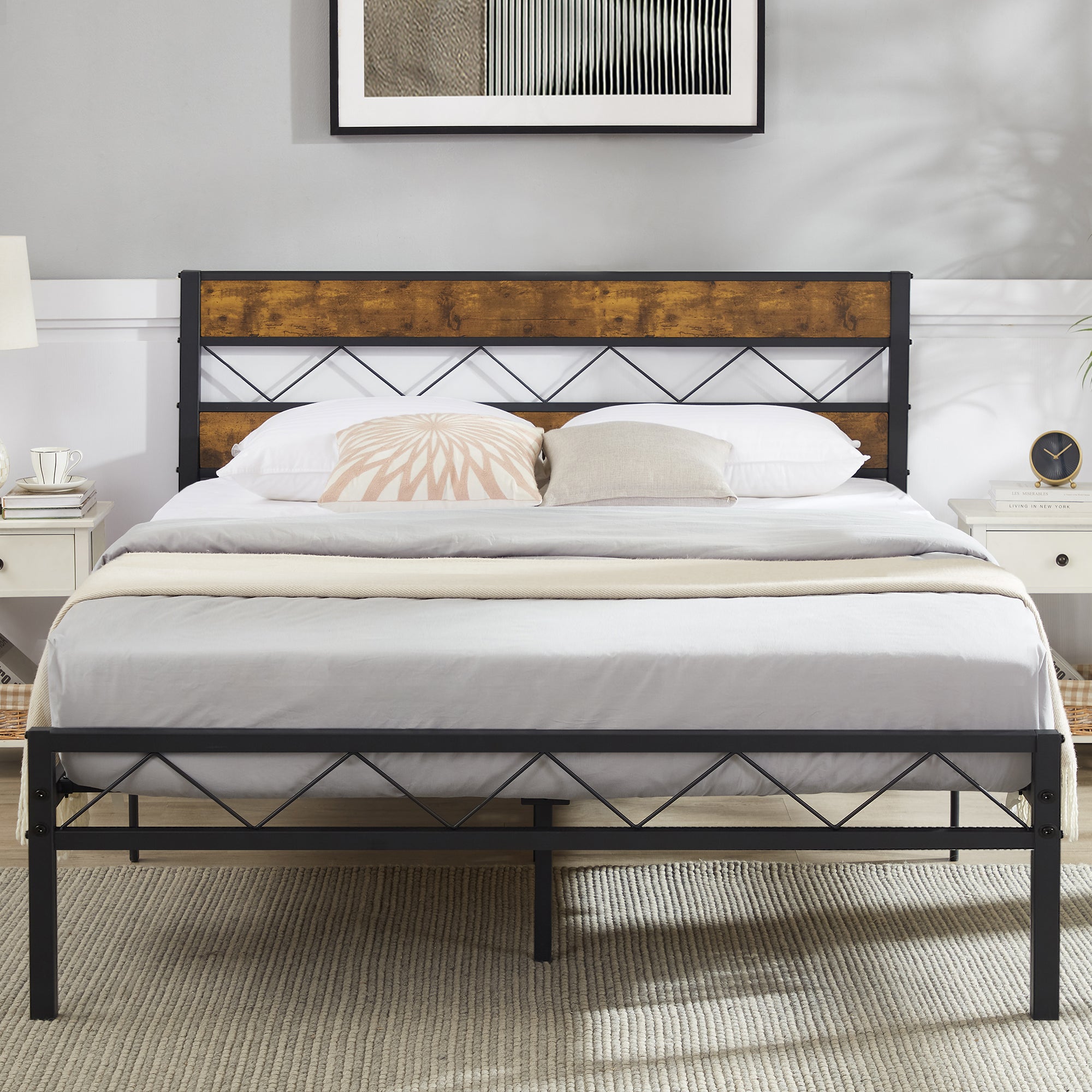 Vecelo LOE-RB-Q32 Queen Size Bed Frame with Headboard Heavy Duty Platform Bed frame with Metal Slats Support Easy Assembly Brown