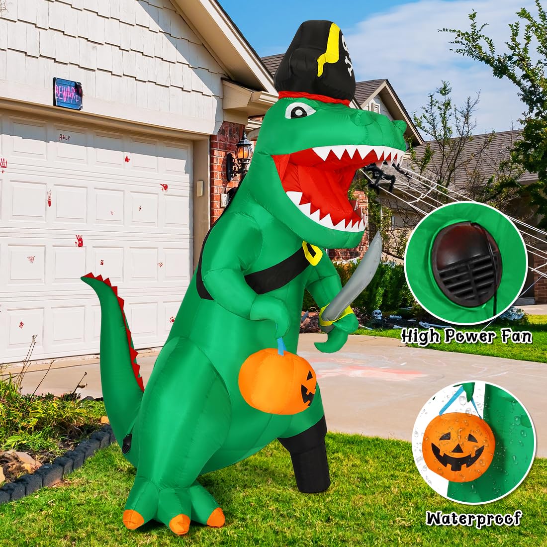7-Foot Green Pirate Dinosaur Halloween Inflatable with LED Lights