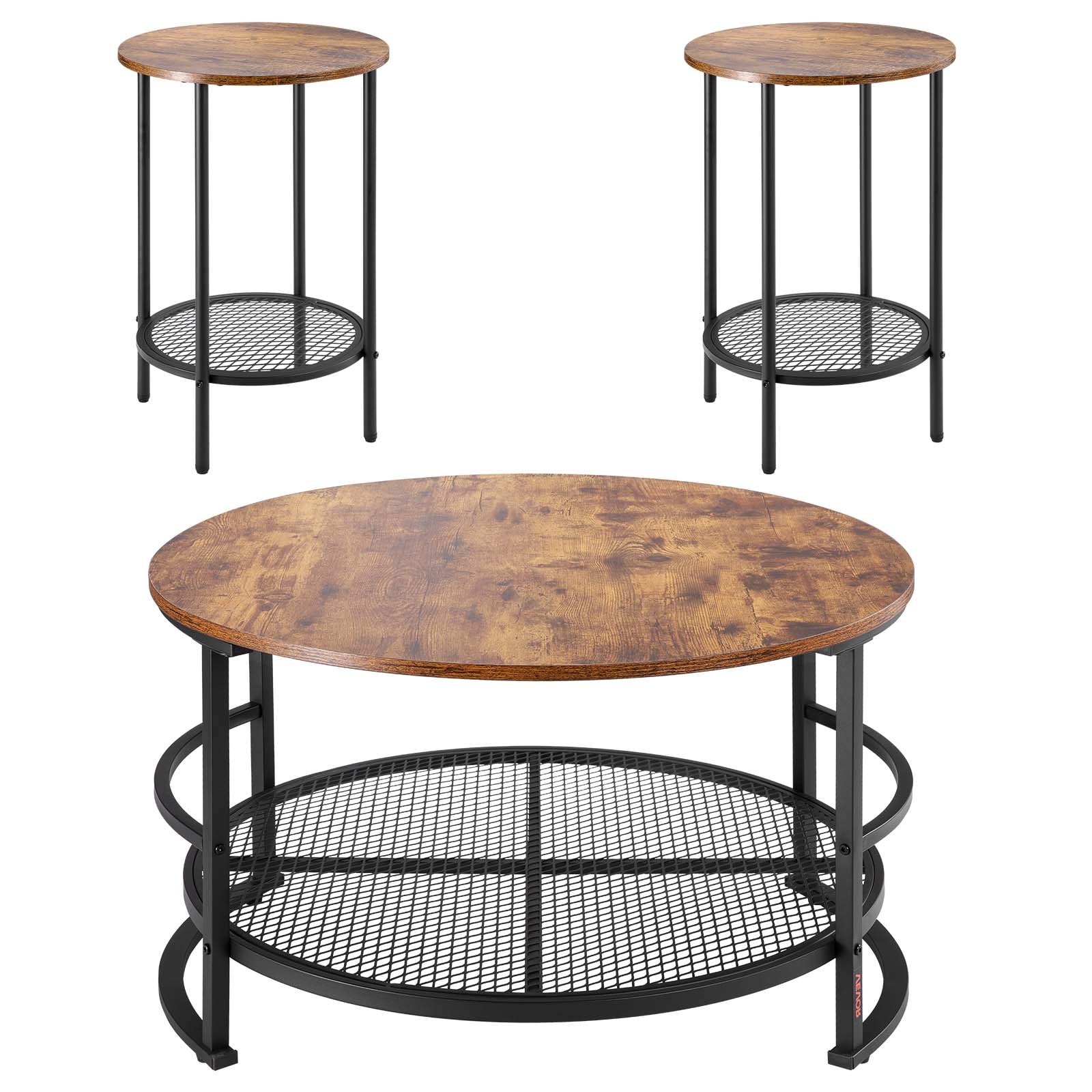 Slickblue - Industrial 3 Piece Coffee Table Set with 2 End Table and Bottom Storage Shelves for L...