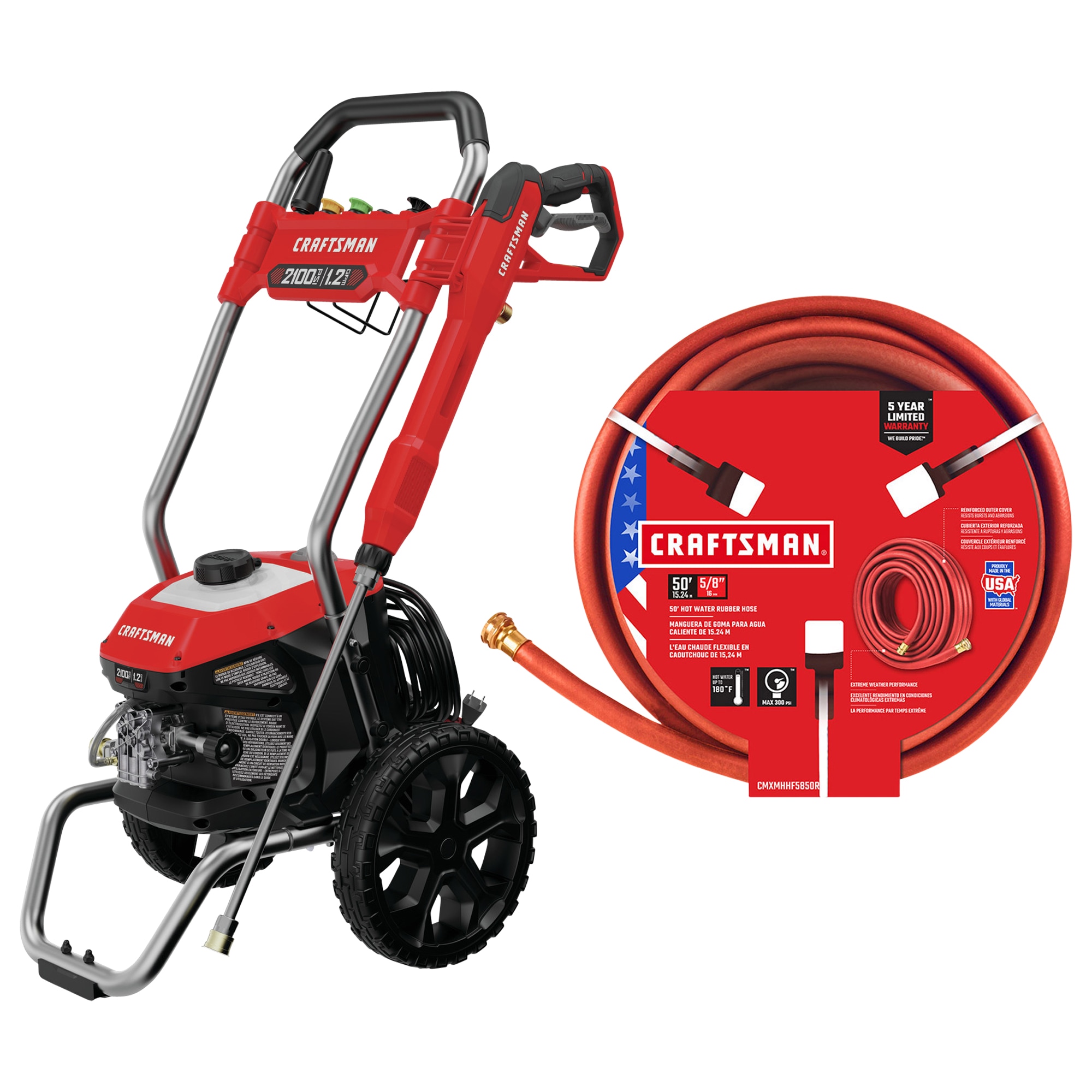 Shop CRAFTSMAN 2100 PSI 1.2-Gallon-GPM Cold Water Electric Pressure Washer  & 5/8-in x 50-ft Premium-Duty Rubber Red Hose at