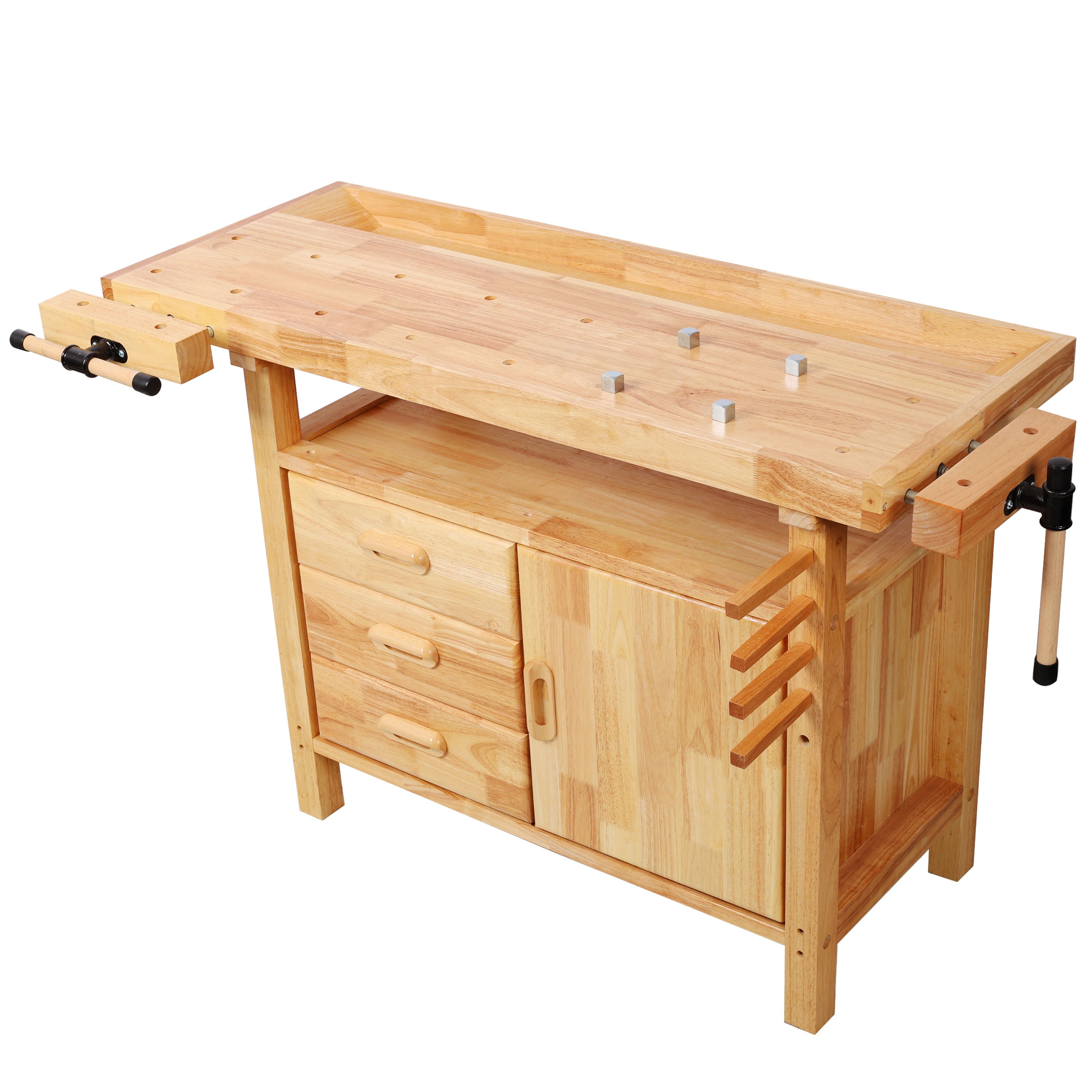 Blisstyle 50inch Professional Rubberwood Solid Wood Workbench-3 Drawers 1 Cabinet Door and Open Shelf Natural Finish for Garage Woodworking Carpenter Workshop and Home Use