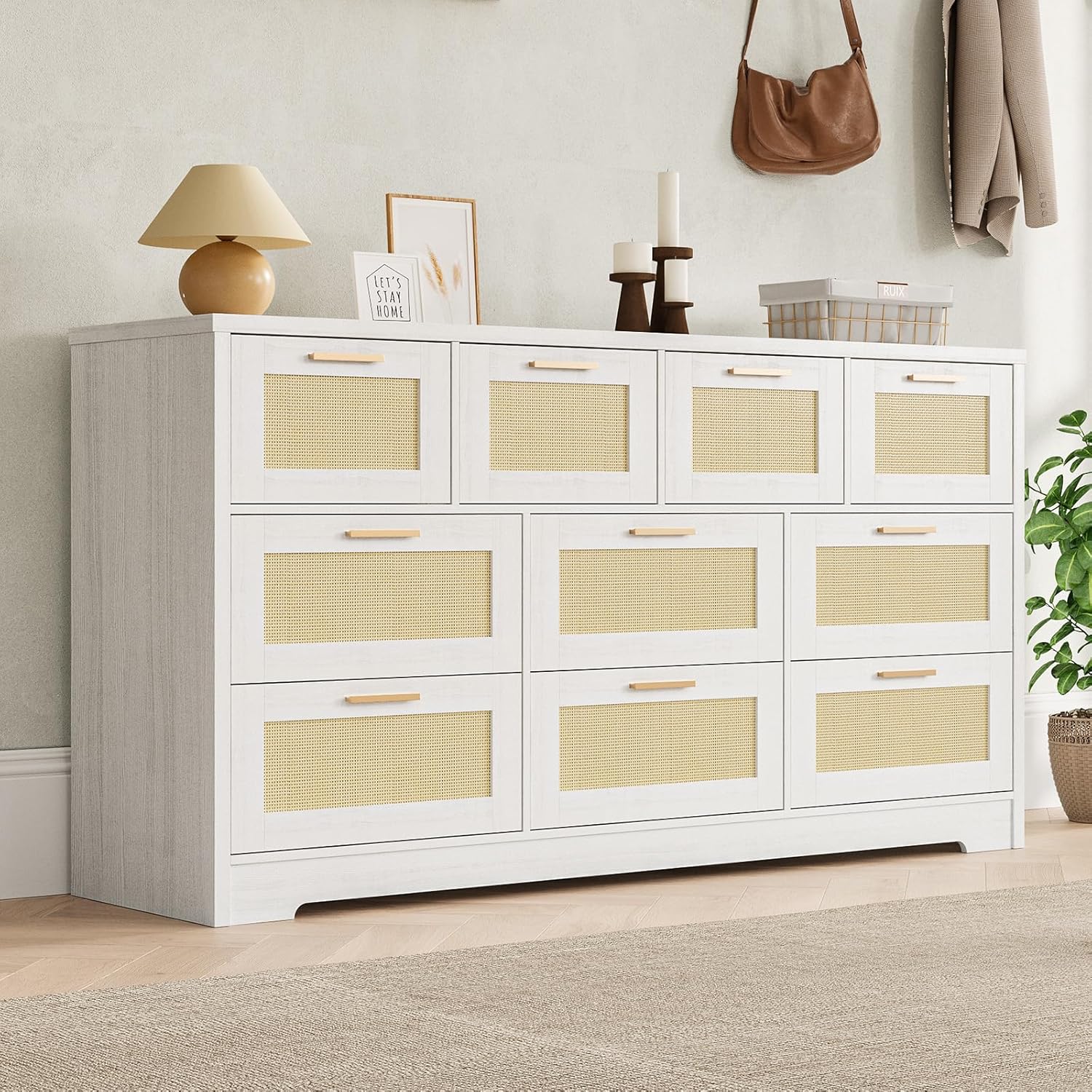 Der Rose LH-PHK-34KN44SM Rattan Dresser for Bedroom with 10 Drawer  Modern Chest of Drawers with Metal Handle