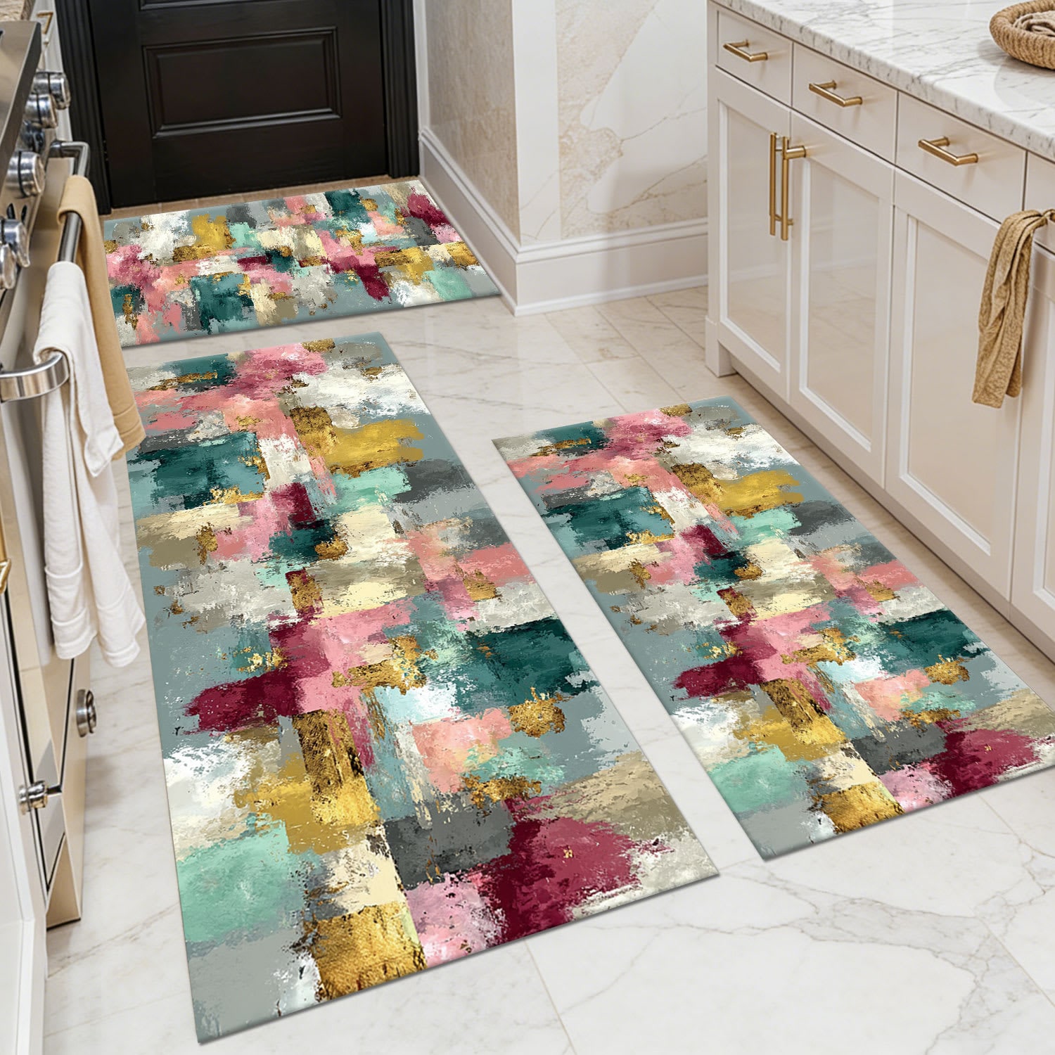 TOBILI  20 X 32in 20 X 47in 20 X 60in Faux Cashmere Teal Pink Golden Rectangular Indoor Abstract Mid-Century Modern Non Slip Washable Pet Friendly Rug Set of 3 Piece