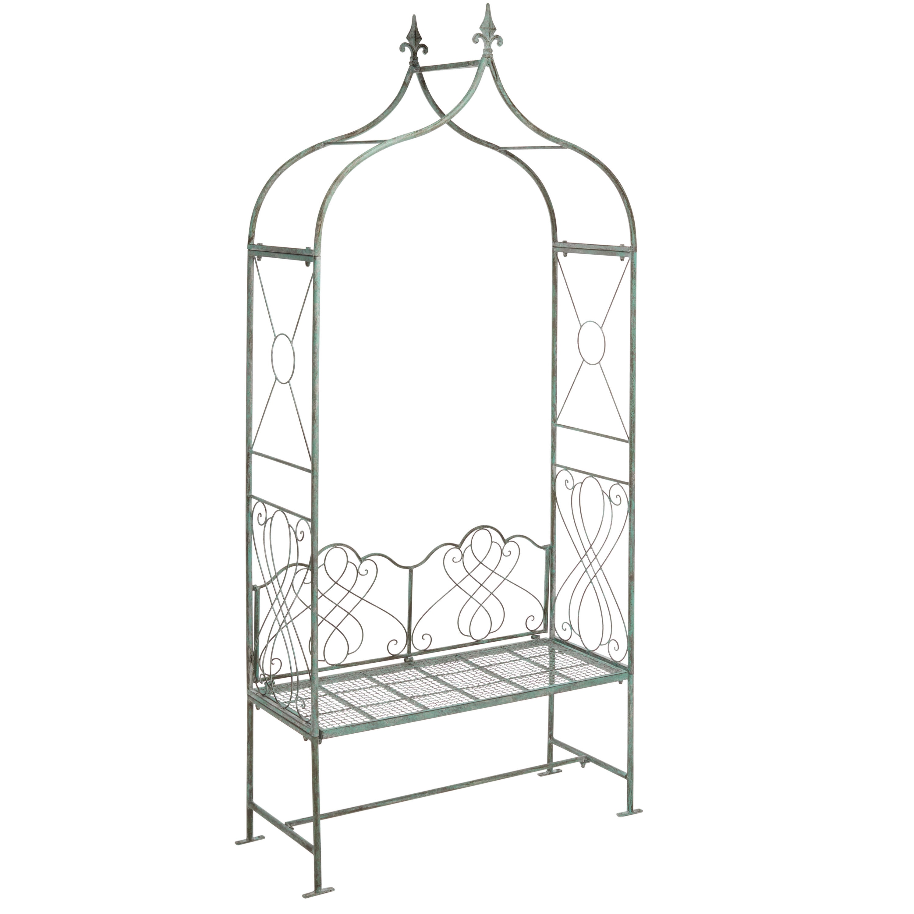 Antique Green Iron Garden Arbor Bench with Victorian Scrollwork