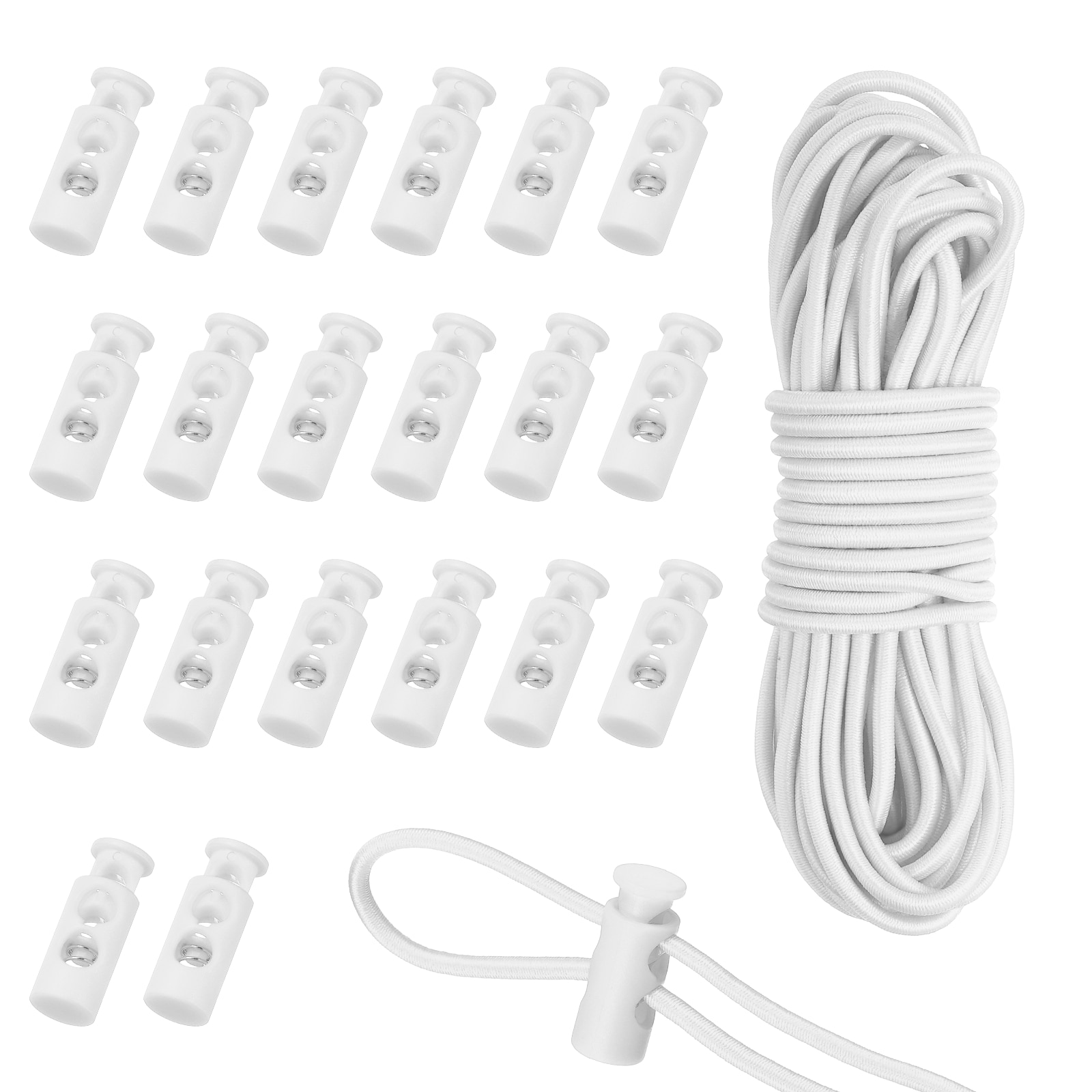 Unique Bargains 20pcs Plastic Cord Locks and 16 ft Elastic Cord Double-Hole Toggles for Drawstrings End Stopper Fastener Slider Toggles Clip for Shoelaces Backpacks Replacement White