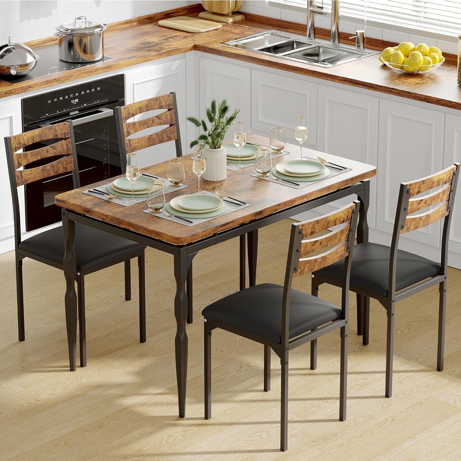 Qeetex DYQ-PHK-336VRS73 5 Piece Dining Table Set  Industrial Style Dining Table and Chairs Set for 4  Kitchen Table Set for Dining Room Kitchen Apartment