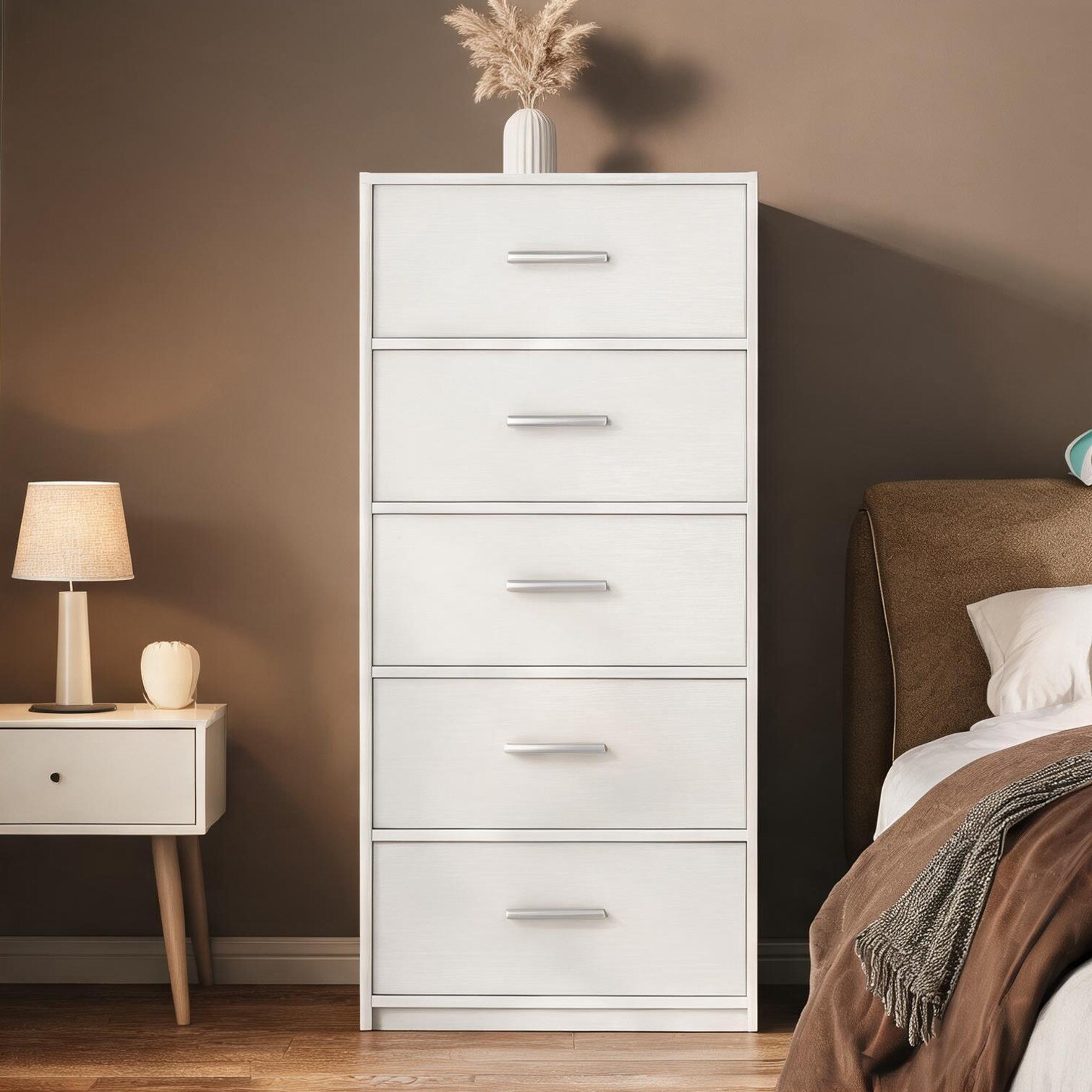 Naturefalls Soft White 5-Drawer Fabric Storage Dresser with Metal Frame and Large Drawers for Bedroom or Entryway