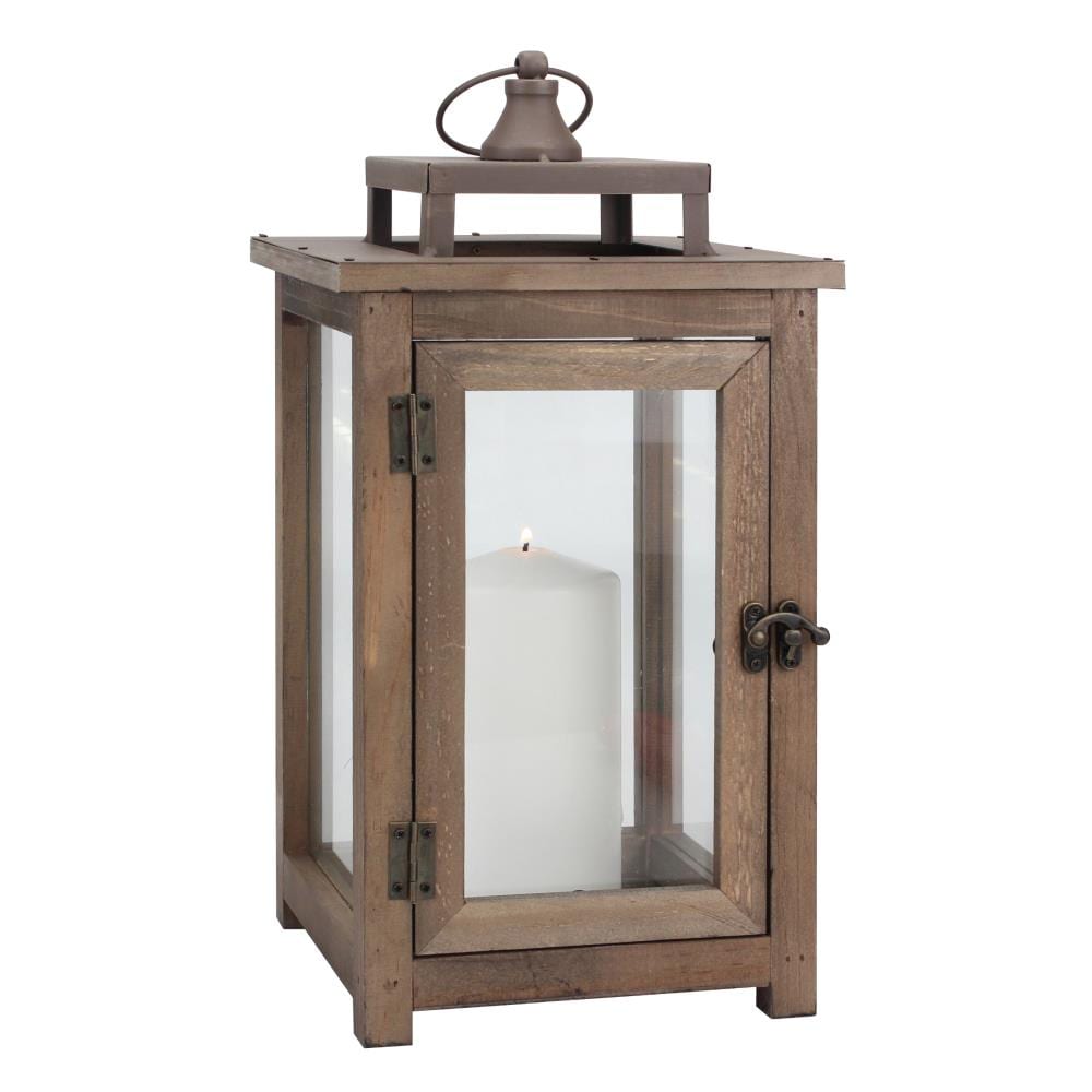 Stonebriar Contemporary Brown Wood Lantern Candle Holder, 14.7-in H, Indoor/Outdoor  Use, Fits 3-in Pillar Candle, Rustic Design in the Candle Holders department  at