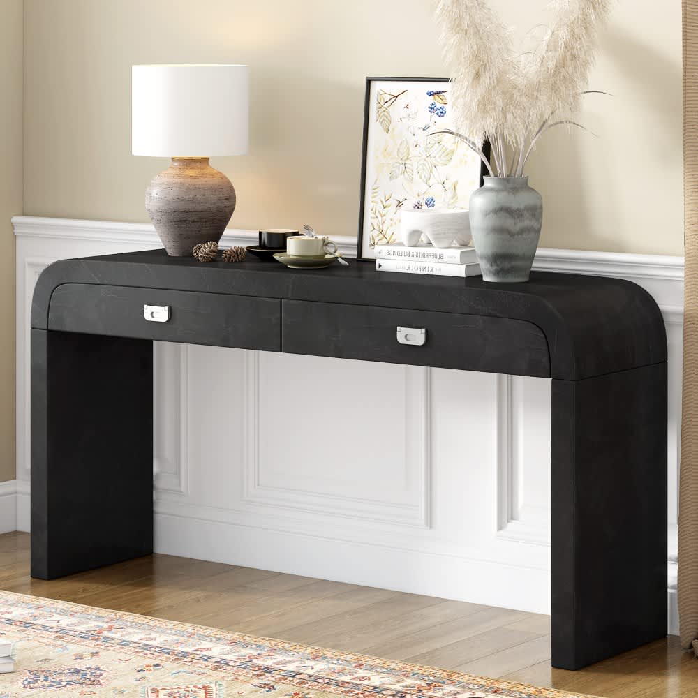 Coolbibila SEAN-CONSOLE-BLACK Black Wood Console Table with Drawers Poplar Veneer Long Entryway Table for Living Room or Hallway