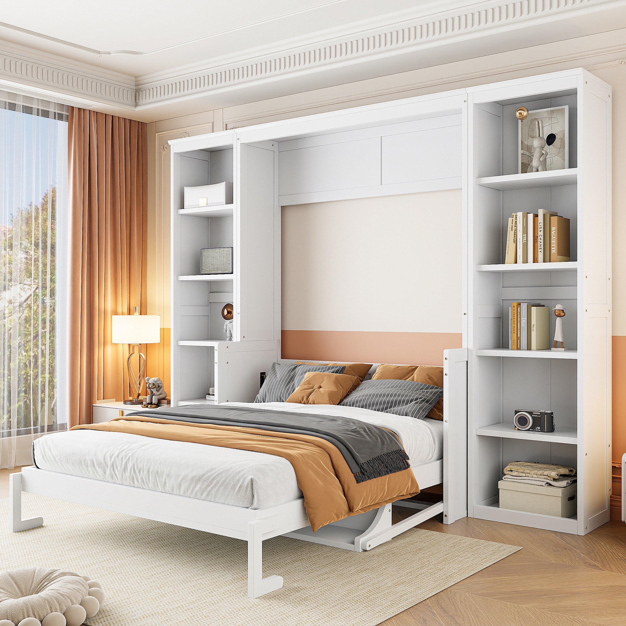 ModernLuxe L-GX004001AAK Full Size Murphy Bed with Desk and Bookshelf, White White Full Wood Murphy Bed with Storage
