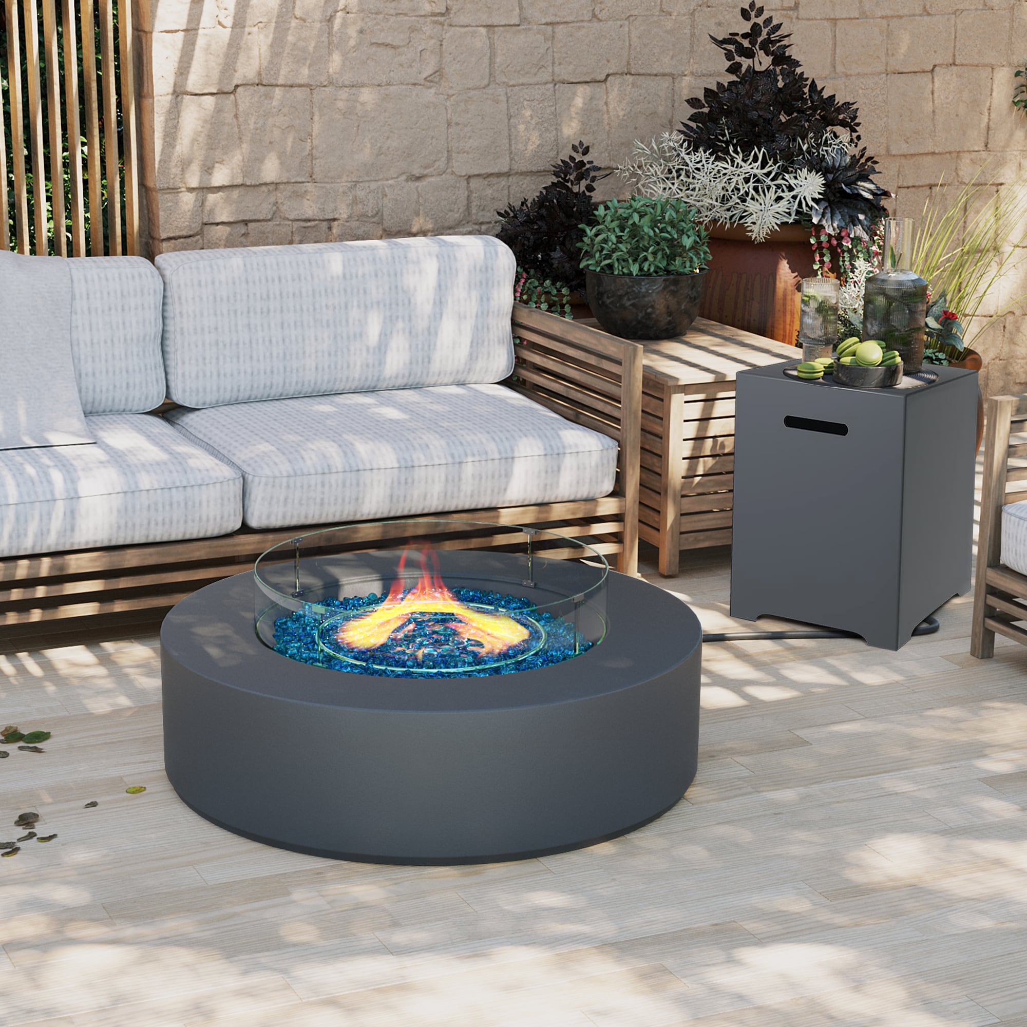 Patio Watcher 42M-YX-DGRAY-GST 42-in W Dark Gray Magnesium oxide Round Liquid propane Fire pit table