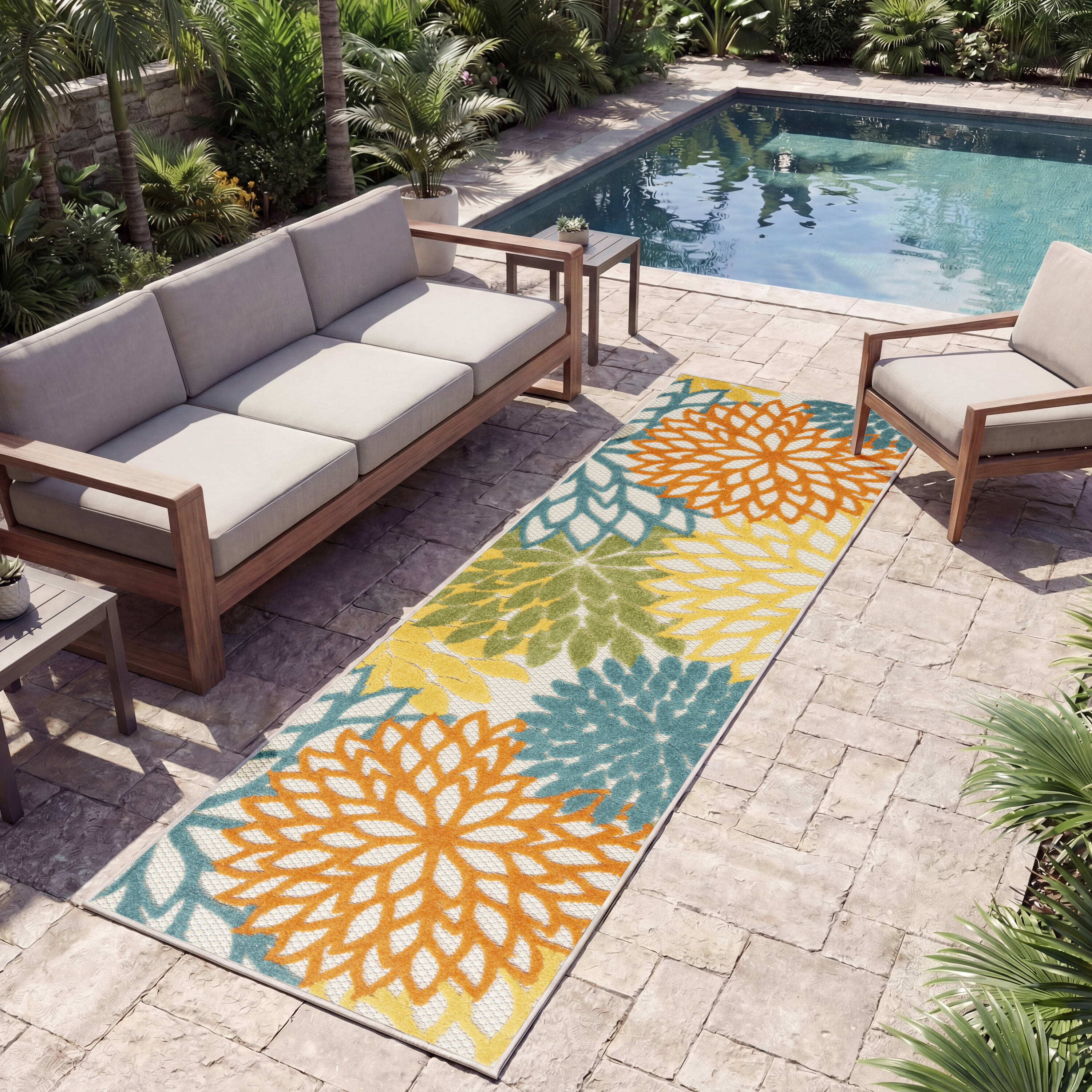 Nourison Aloha 2 x 12 (ft) Loomed Polypropylene Turquoise Multicolor Rectangular Indoor/Outdoor Floral/Botanical Tropical Hose Washable Runner rug #099446827128