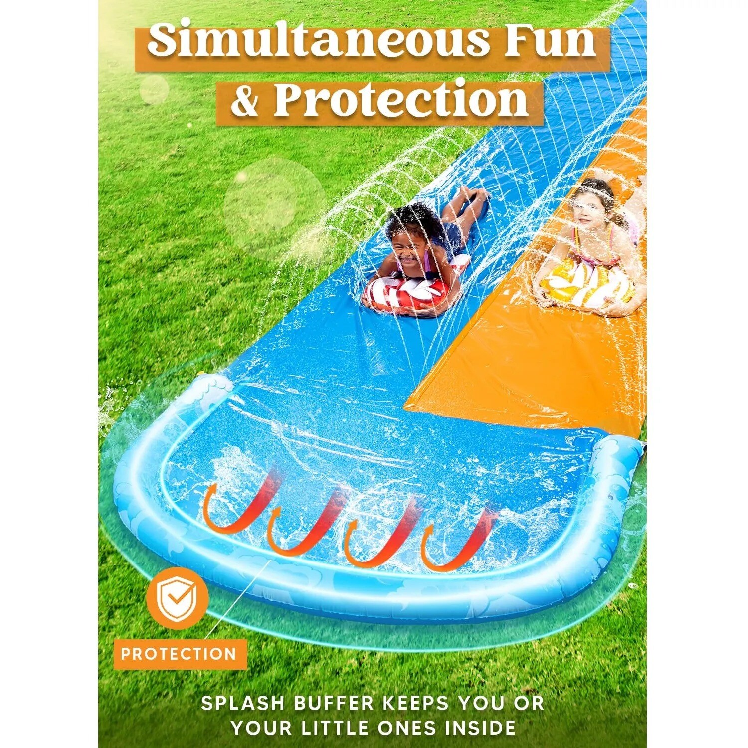 Joyfy 32.5Ft Extra Long Water Slide with 2 Inflatable Boards Heavy Duty Double Waterslide Slip with Sprinkler For Kids and Adults