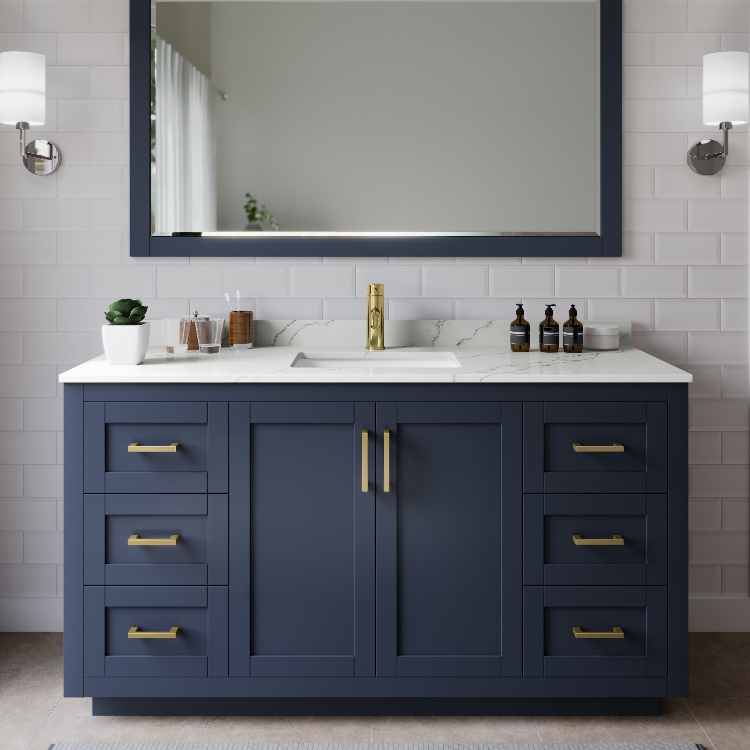 Wyndham Collection WCF292960SBLGTUNSM58 Miranda 60-in Dark Blue Undermount Single Sink Bathroom Vanity with Giotto Quartz Top (Mirror Included)
