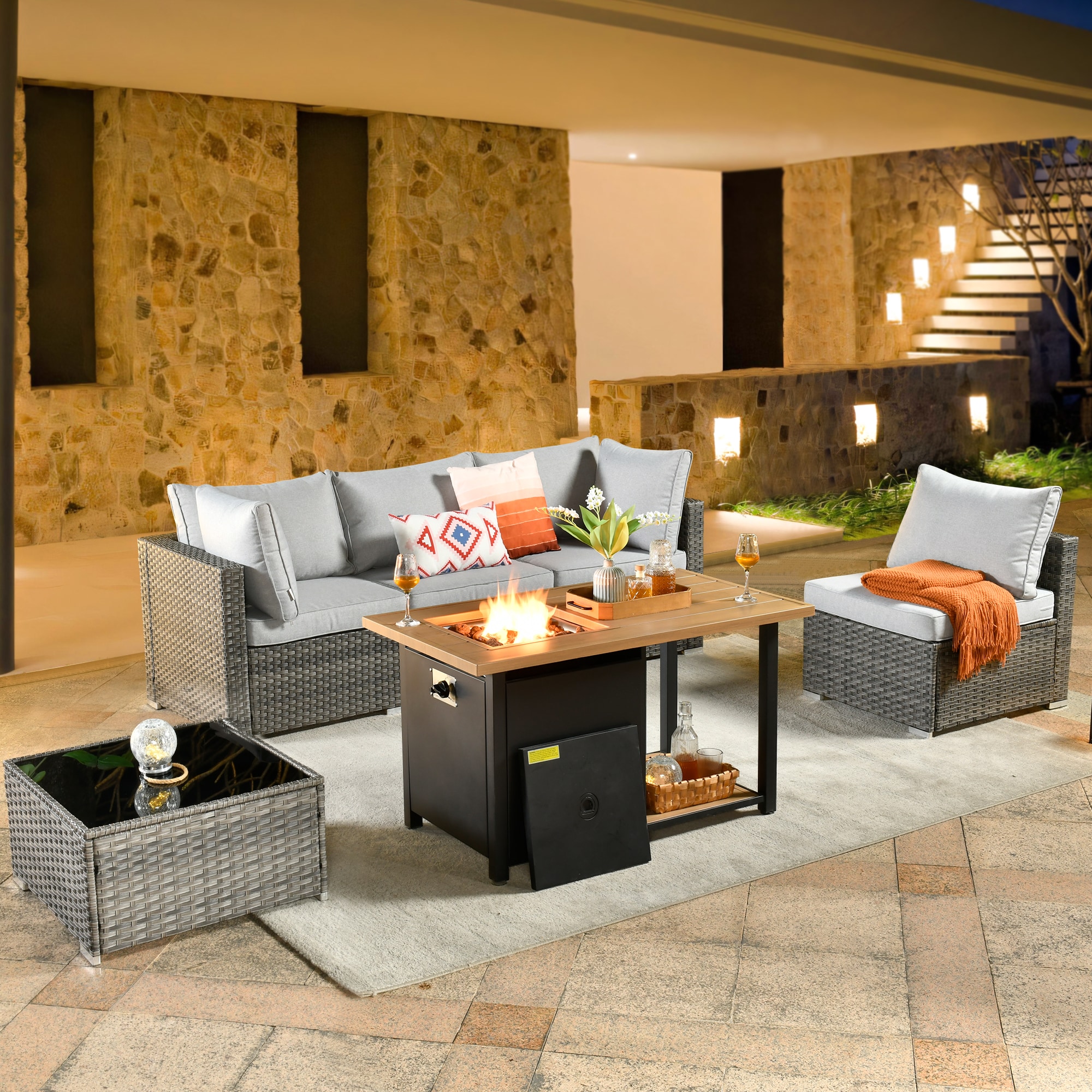 weaxty DDFPRRS406 Kuuga 6 -Piece Rattan Patio Conversation Set with Gray Cushions
