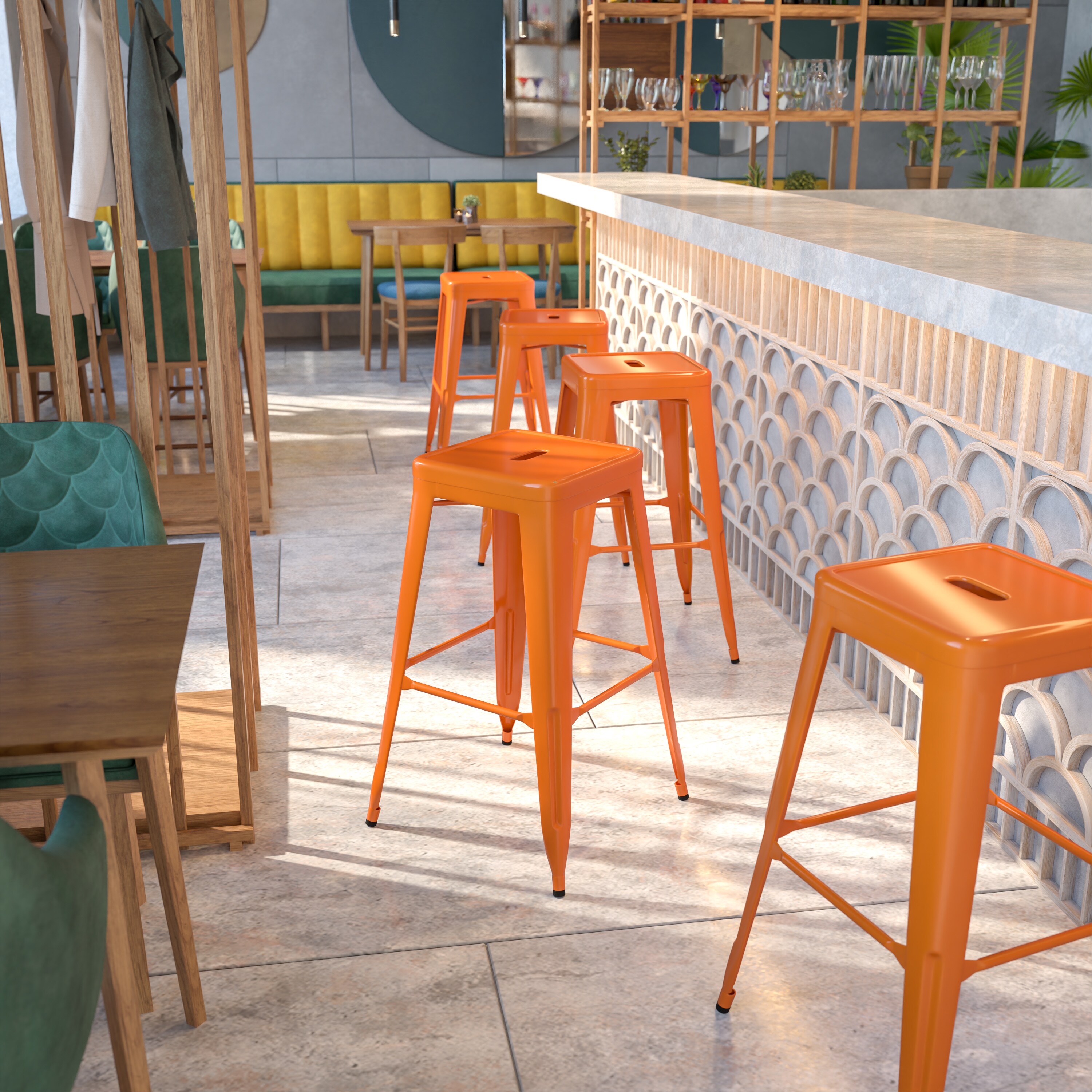 30" High Backless Orange Metal Stackable Barstool
