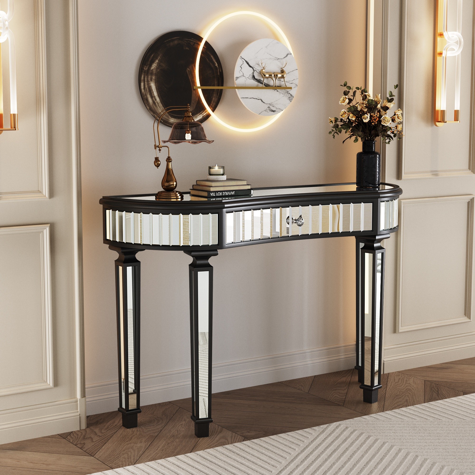 Horizons Prime 47 inch Silver and Black Half-Moon Mirrored Console Table with Fluted Glass and Crystal Knob Drawer for Entryway or Bedroom