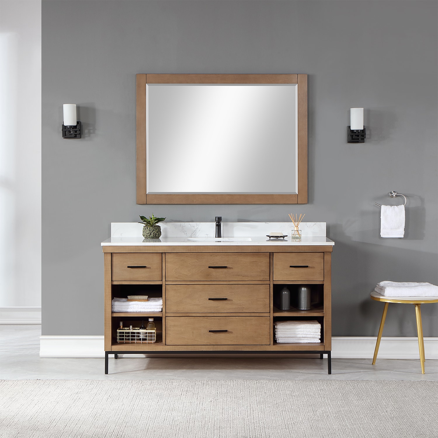Altair 545060S-BR-AW Kesia 60-in Brown Pine Undermount Single sink Bathroom Vanity with Aosta White Engineered marble Top (Mirror Included)