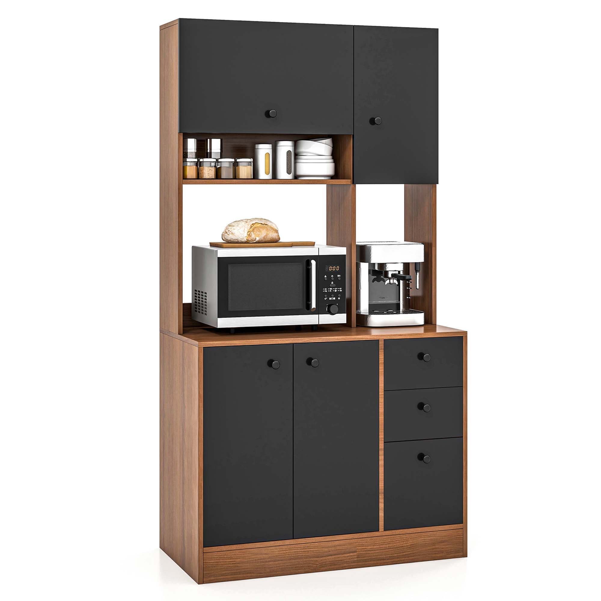 Goplus LWS00445 Contemporary/Modern Walnut + Black Kitchen hutch with Wine Storage