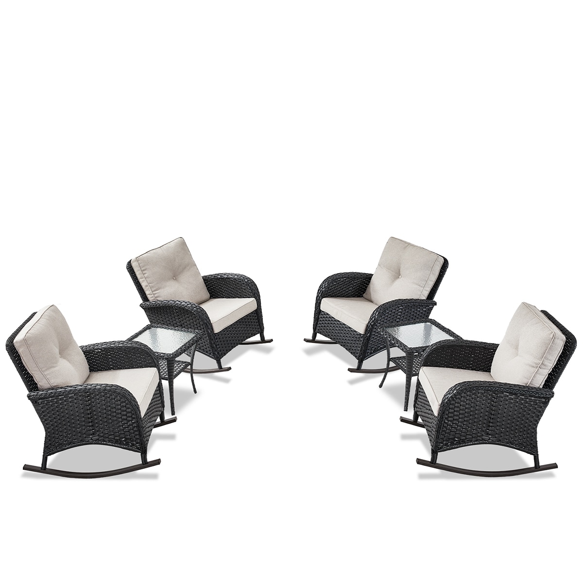 Rilyson FSKWBL3060X2 KEY WEST Set of 4 Wicker Black Wicker Frame Conversation Chair with Black Beige Cushioned Seat